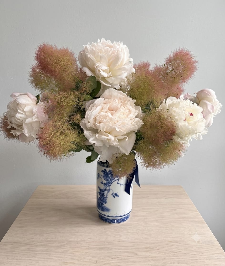 Mellow Peonies  - Premium Peonies bunch and Smoke Bush in porcelain vase.