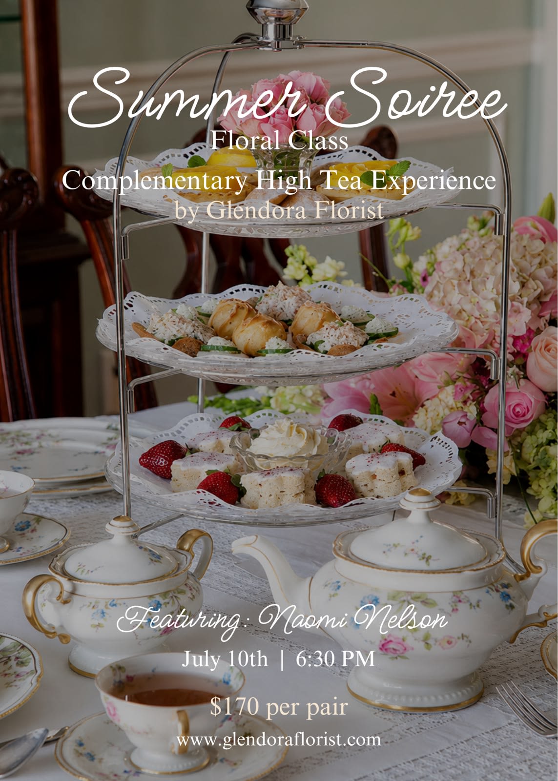 High Tea + Floral Class - Class/High Tea begins at 6:30pm sharp, please be on time. ---  Cost includes: Floral Arrangement Class.  Complimentary 3 Course High Tea + Crumpets   Please be advised that the class starts at 6:30pm. Kindly arrive promptly as we will begin on time.   Priced per couple.   Includes tools, blooms, and a great time!   Tea + crumpets and sweets are complimentary.   Etiquette: Smart Chic (no sandals, sweat pants or pj's)  -- Private Classes available! 