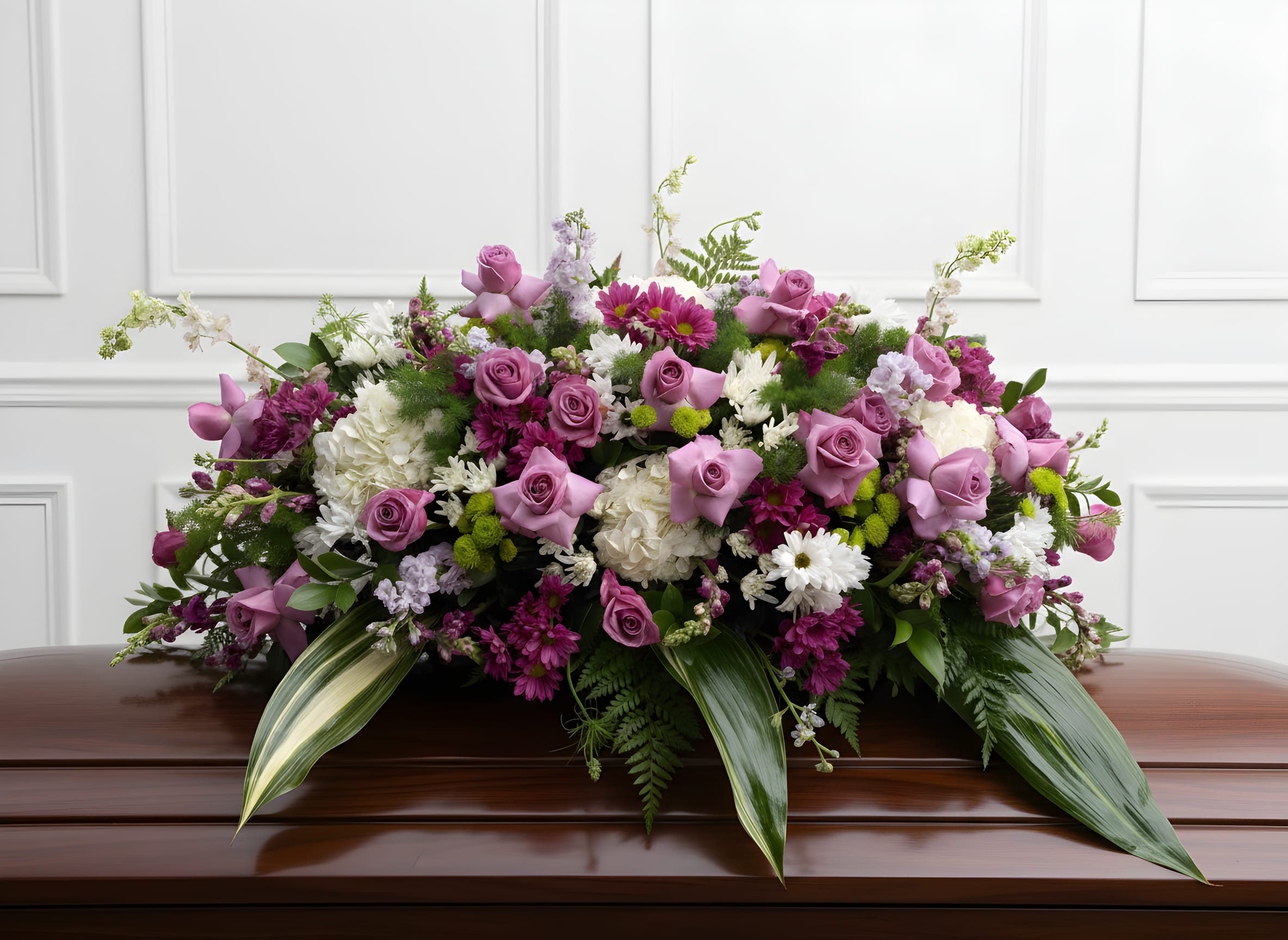 Lavender and white floral casket spray with roses and daisies