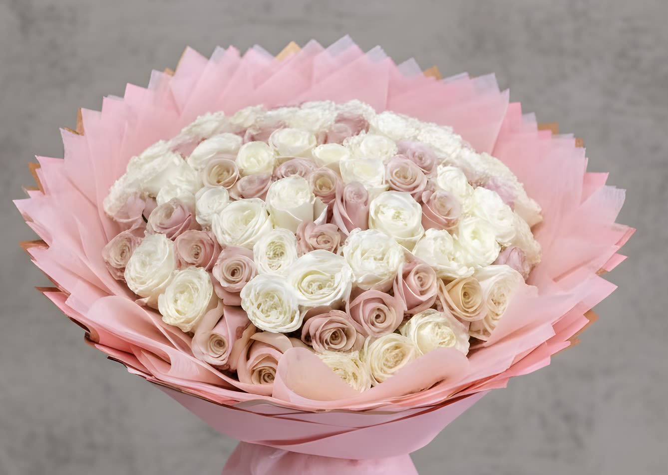 Bouquet of pale pink and white roses wrapped in pink paper