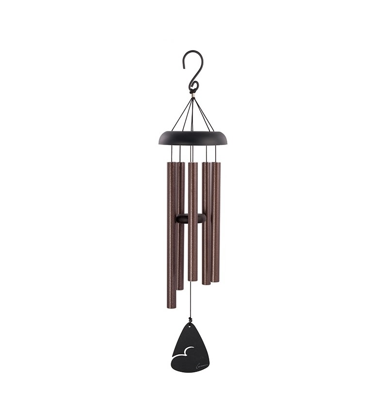 Brown metal wind chime with a black top and hanging clapper
