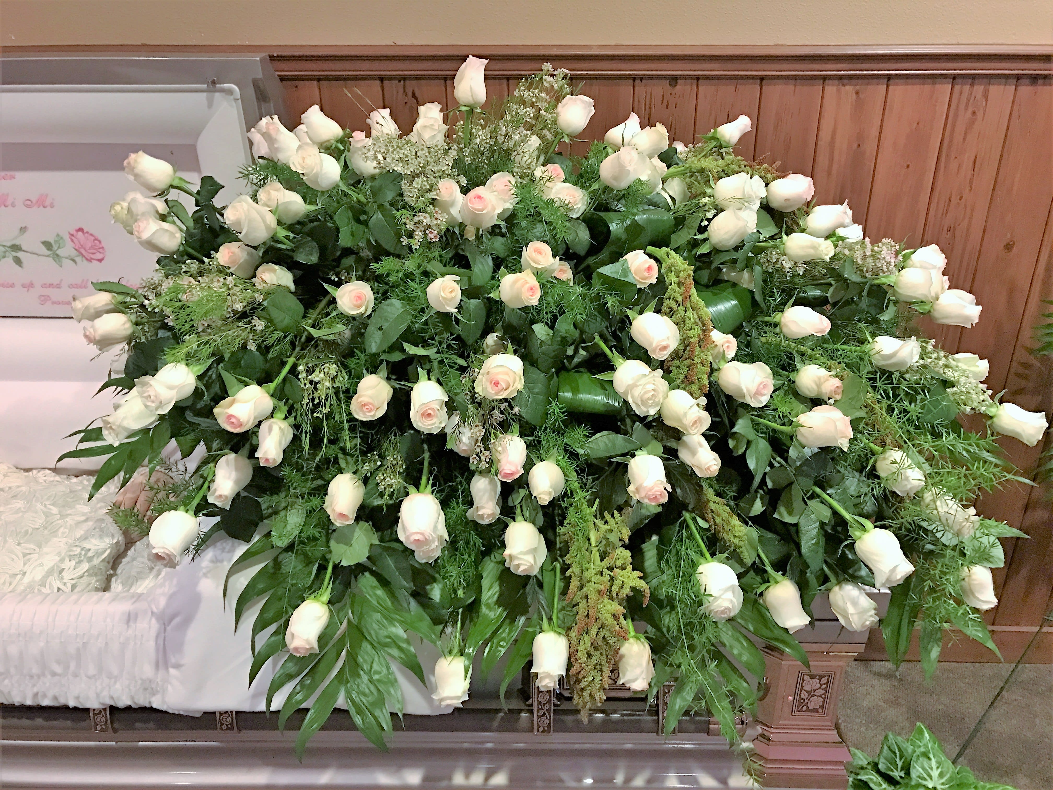 Soft Pink Rose Casket Cover - Large casket cover full of light pink roses.