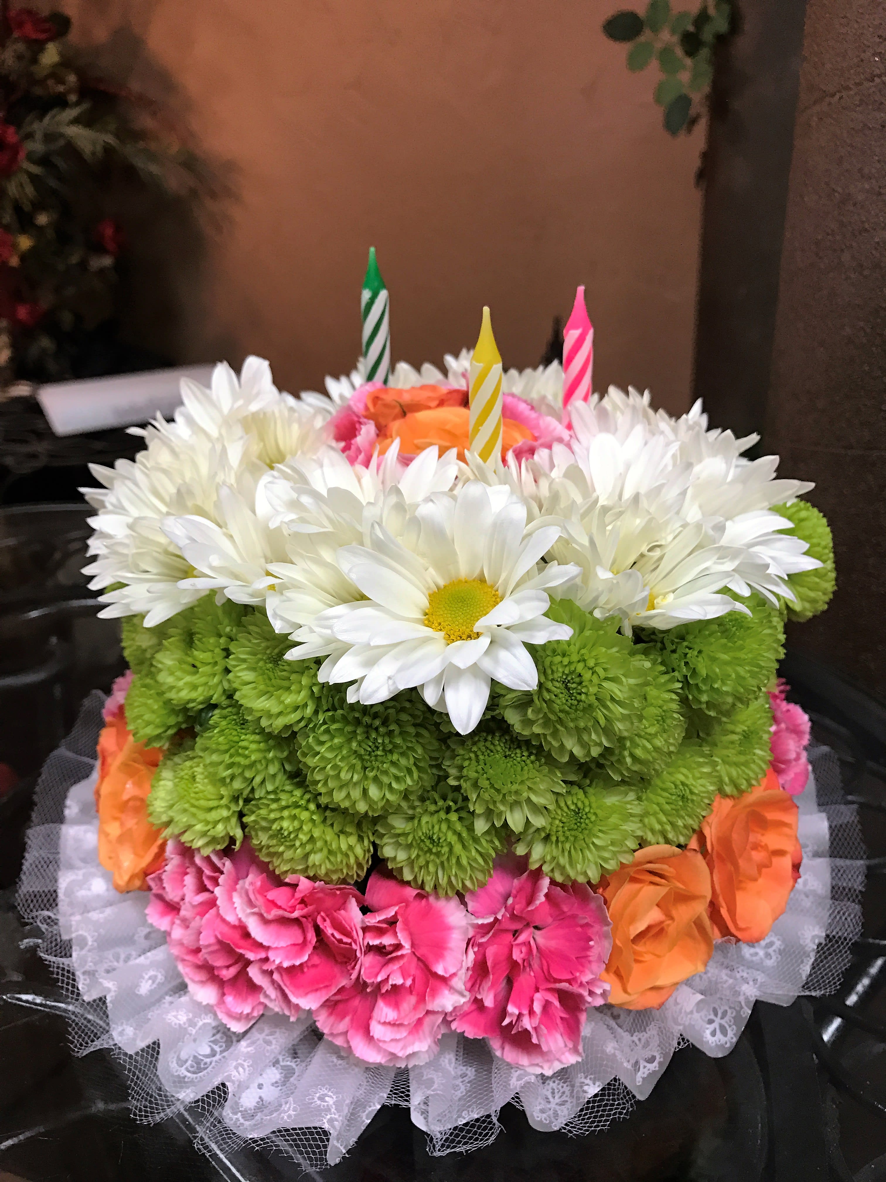 Its Your Birthday  - White daisies, Orange spray roses, Green buttons, Pink mini corns
