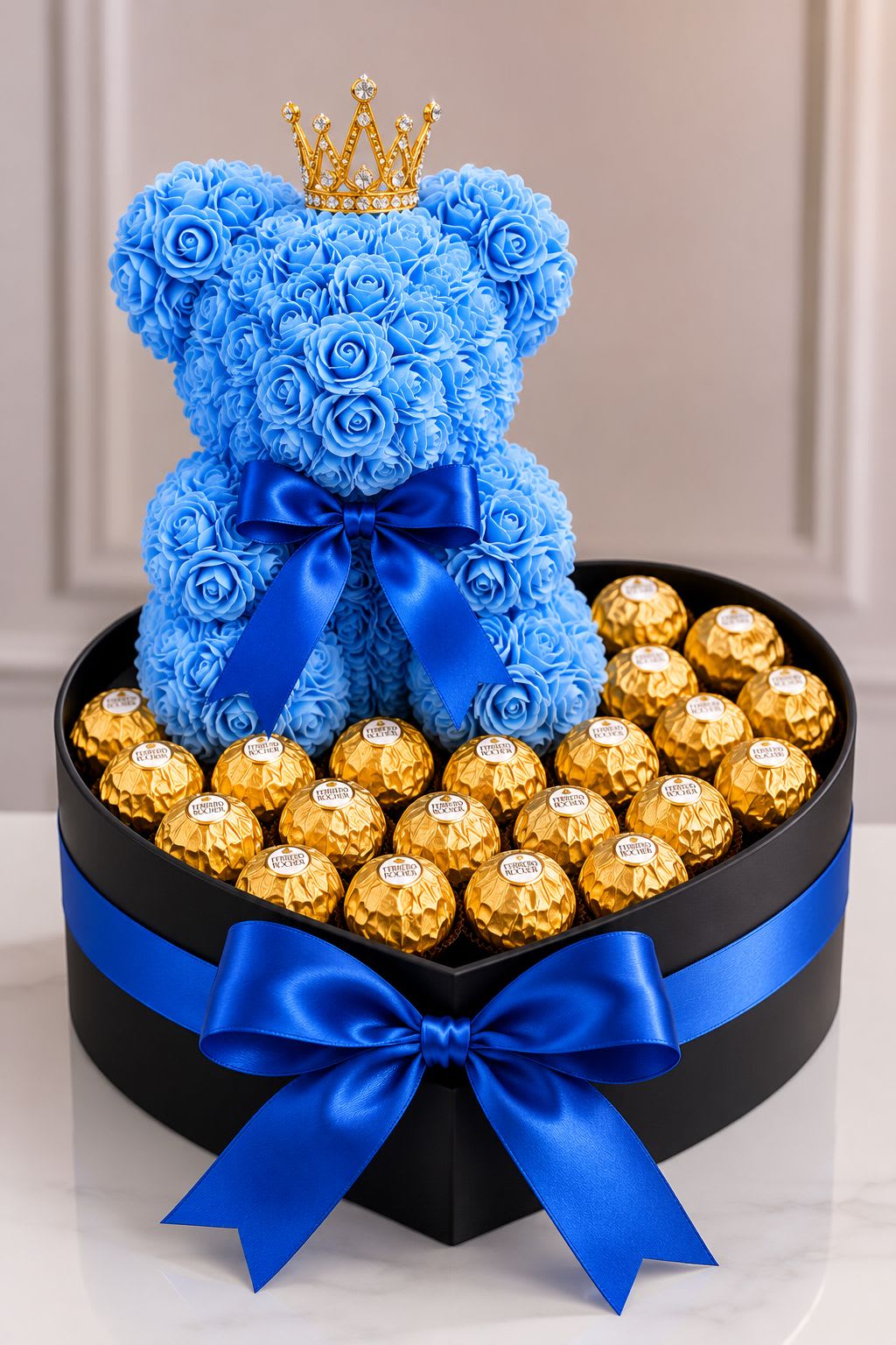 The Embassy Royal Dad Box - Celebrate Dad with a royal surprise! This elegant Father's Day gift features a blue rose bear with a crown, delicious Ferrero Rocher chocolates, and a festive helium balloon, all beautifully presented in a heart-shaped box with luxurious blue accents