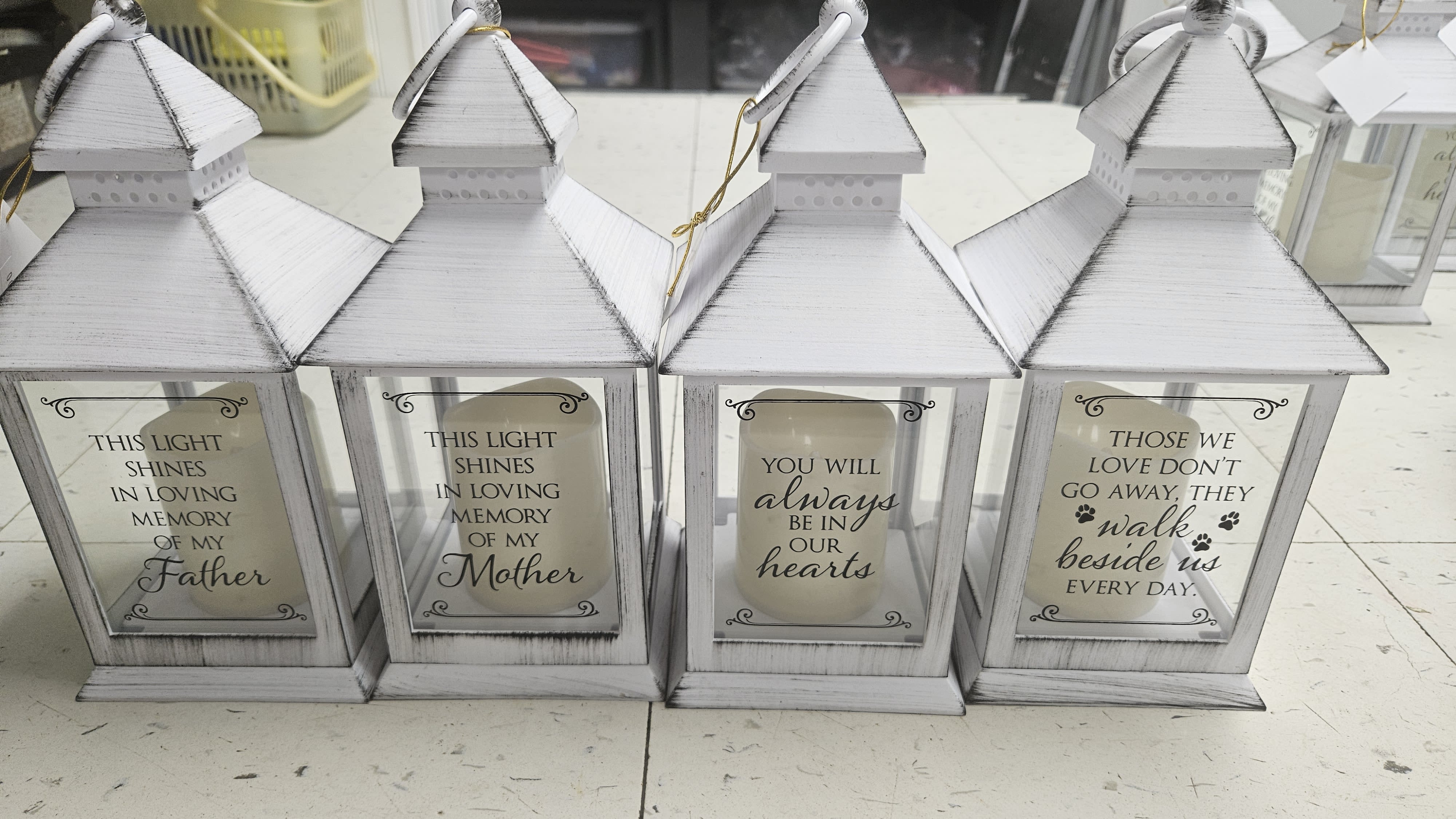 White Metal Lantern 10" high x 4" wide - White metal lantern, 4 different messages, please expand photo and select one.
