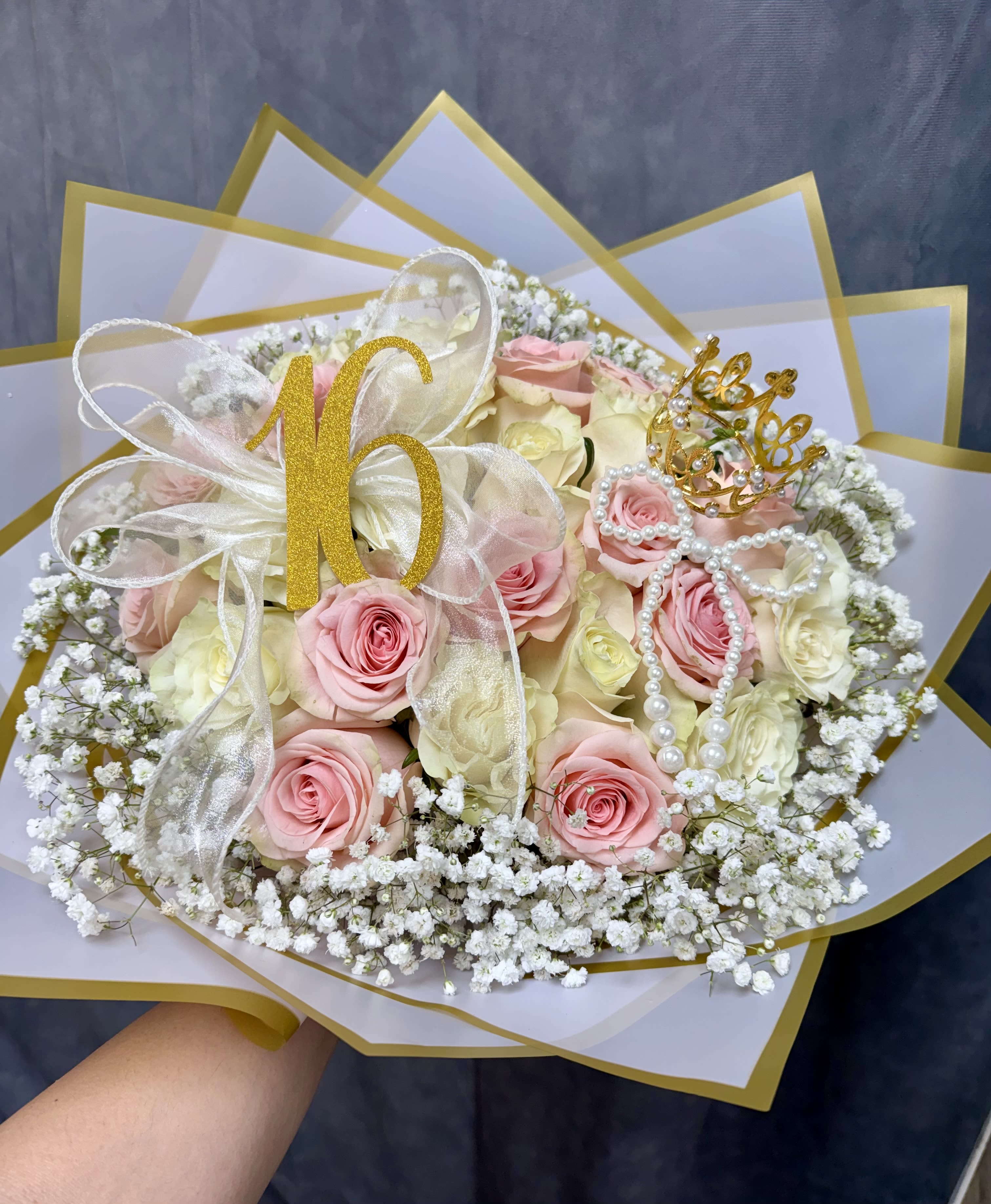 Sweet 16 Pink White Roses Bouquet  - Stunning 2 Dozen Pink White Roses Bouquet for Sweet Sixteen Birthday! Including the crown, the pearl bow and 16 bow. 