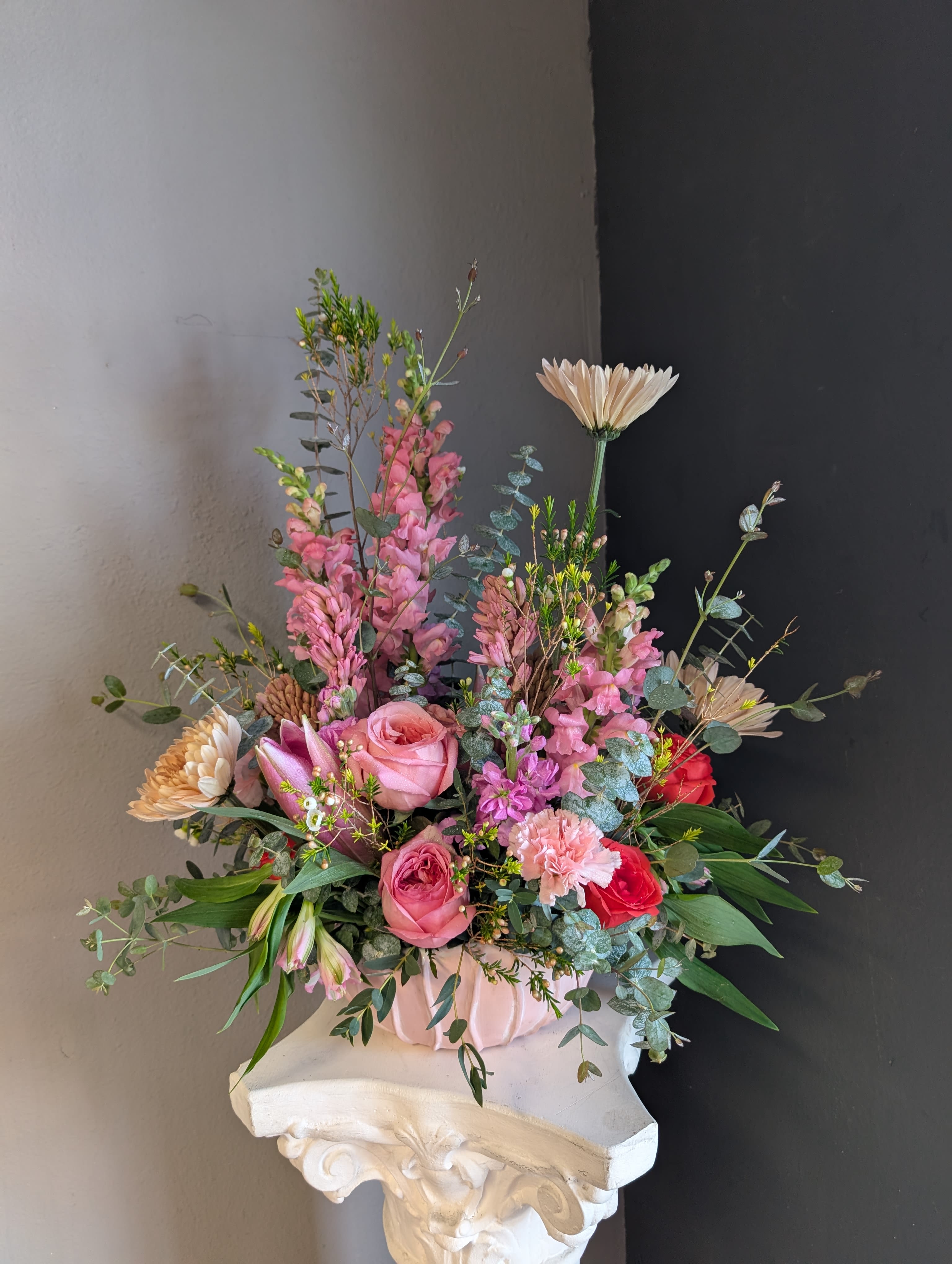 #750 Designer's Choice Vase Arrangement - This beautiful flower arrangement of fresh mixed seasonal blooms is made by local designers in the heart of Orange California. Hand crafted and perfect for every occasion, from birthdays and new babies to sympathy and just because. The best choice to show you are thinking of that special someone. Can be sent as a local delivery or in-store pickup. This is an original, one of a kind arrangement. Order now before it's too late!  UPGRADES: All upgrades are applied at the designer’s discretion and fulfilled to value using the freshest seasonal and/or premium flowers available. Container upgrades may be included when possible; otherwise, value is reflected in the floral selection while maintaining the original design style.