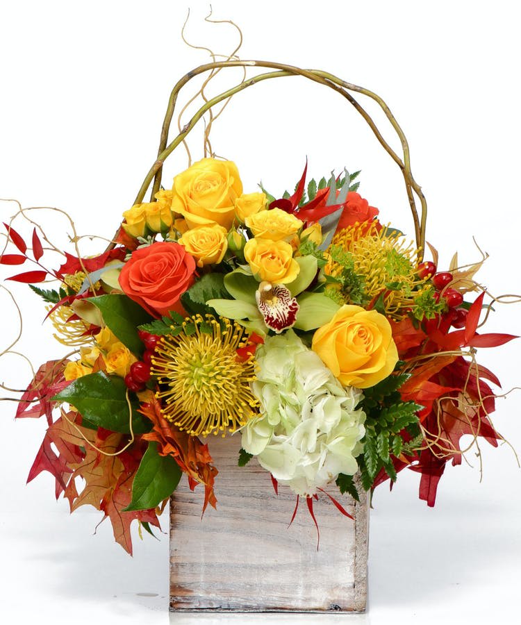 Thanksgiving 9 - Trendy seasonal autumn arrangement in a trendy wooden box