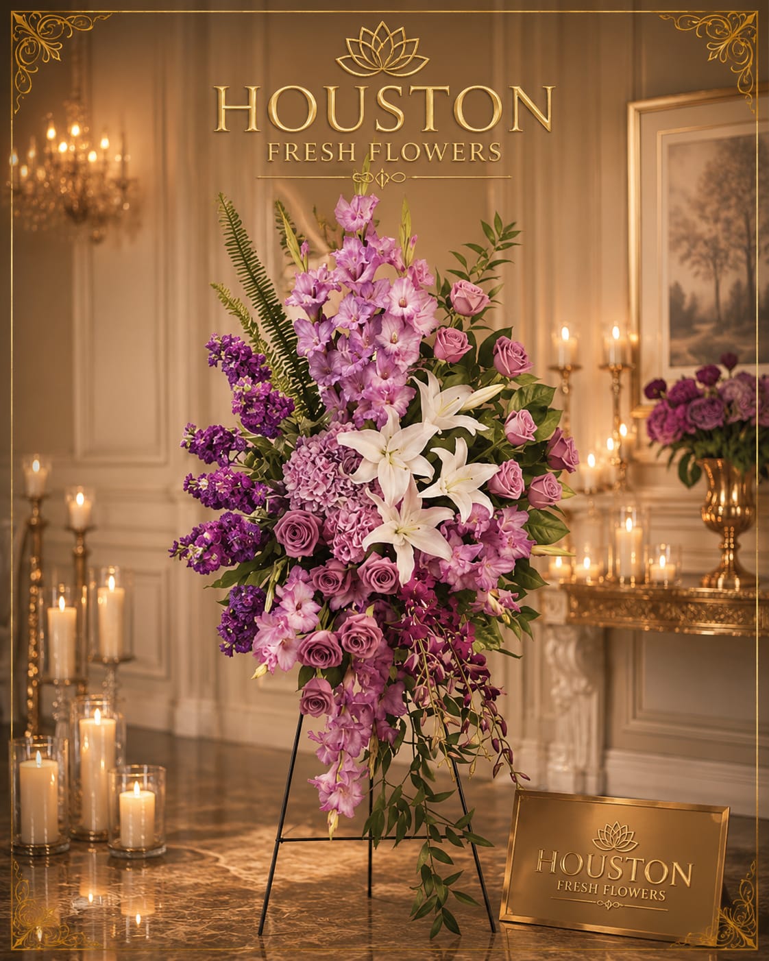 Purple Grace - This purple Wreath is often associated with reverence, peace, and eternal rest.  A wreath woven with shades of purple is a vision of quit elegance and spiritual depth. From the soft lavender tones that whisper serenity, to the deeper plum and violet hues that evoke dignity and remembrance, this arrangement speaks with gentle grace. This wreath doesn't shout; it speaks softly, reverently, wrapping the farewell in a cocoon of calm, respect, and lasting love. It's a tribute that honors a soul with both elegance and emotion- a final gesture of beauty, wrapped in violet light. 