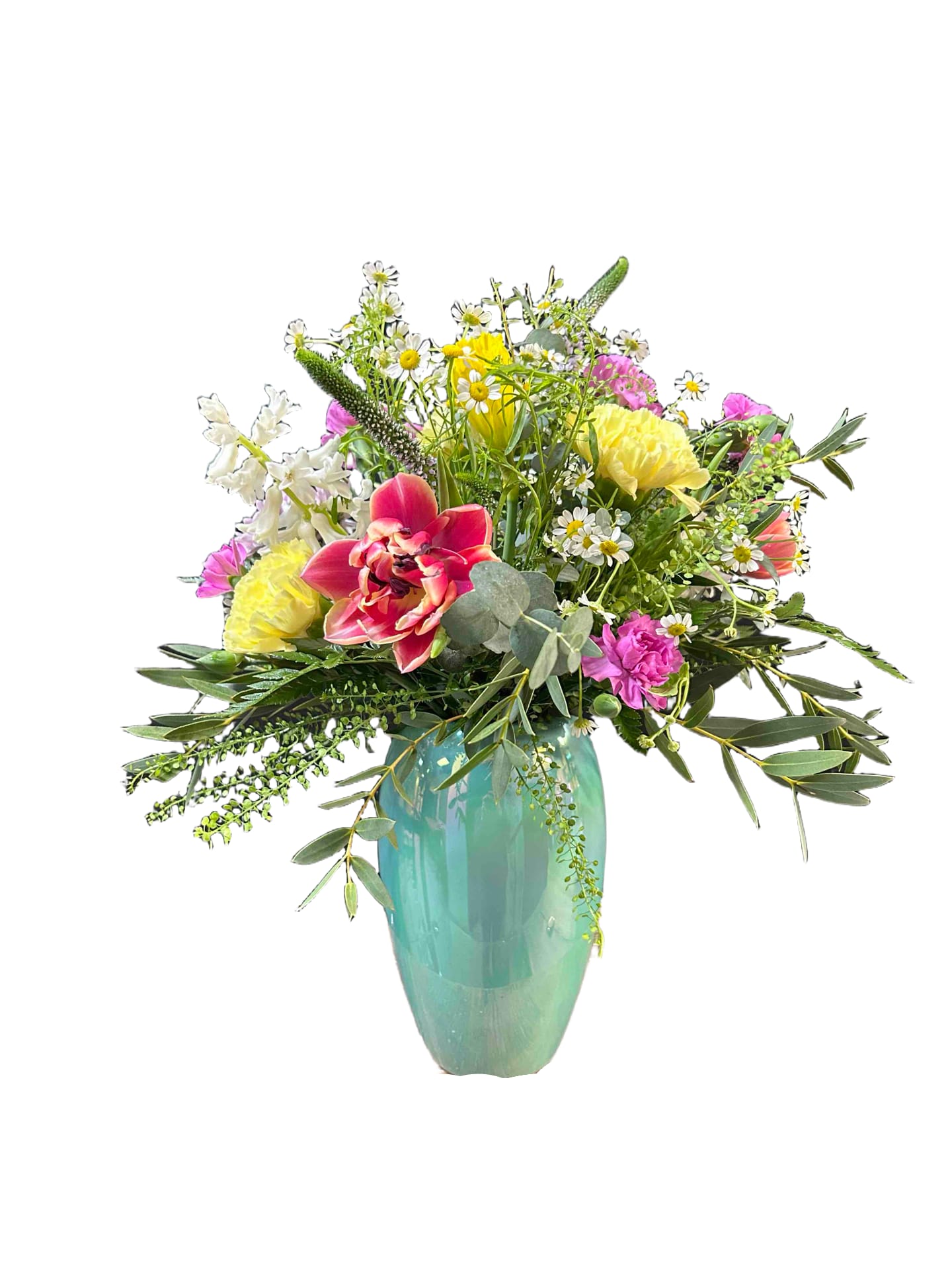 Splendid Spring Bouquet - Colorful mix of spring flowers in a turquoise vase
