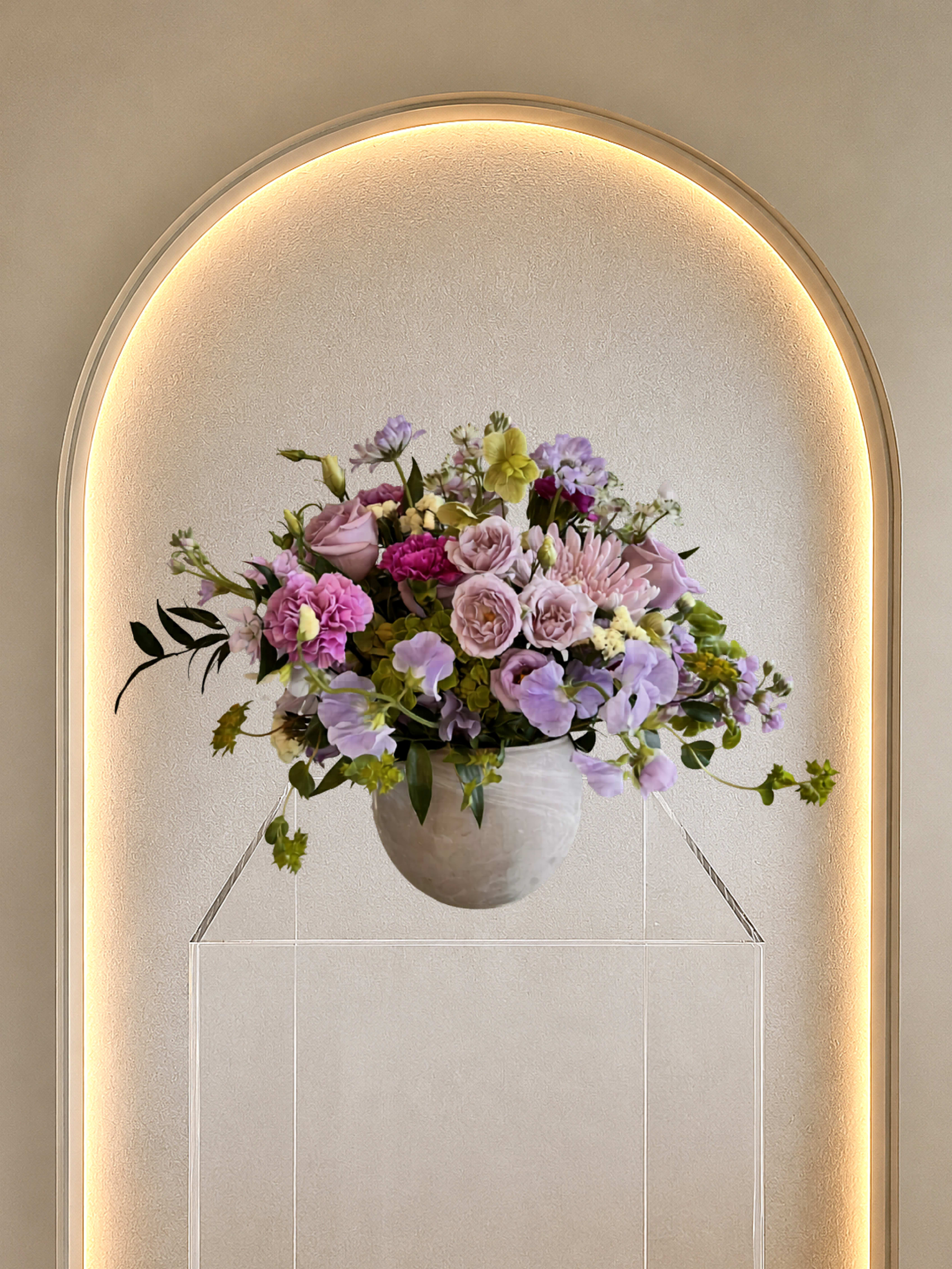 Lavender Fields  - Full rounded mix of fresh blooms in pink, lavender and white in a sphere vase.