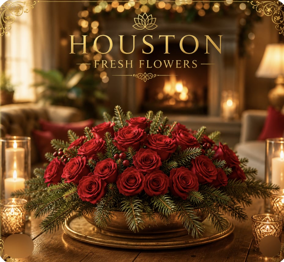 Fireside Roses Holiday Centerpiece - Rich, romantic, and beautifully festive, the Fire Roses Holiday Centerpiece captures the magic of the season with timeless elegance. A lush bed of red roses forms the heart of the design, arranged tightly for a luxurious, velvety look. Fresh winter greenery- cedar, fir, or pine- frames the roses with a touch of natural texture, creating a piece that feels both classic and enchanting.  Perfect for a holiday table, mantle, or cozy gathering space, this arrangement brings the warmth of a glowing fireplace, the charm of winter evening, and the spirit of celebration into any home. A stunning choice for Christmas dinners, holiday parties, or gifting someone special with a moment of pure seasonal beauty. 