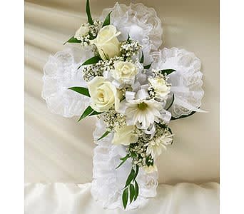  White Satin Cross Casket Pillow - Convey your love and hope with this beautiful expression of faith.      As Shown : HUD-91259  