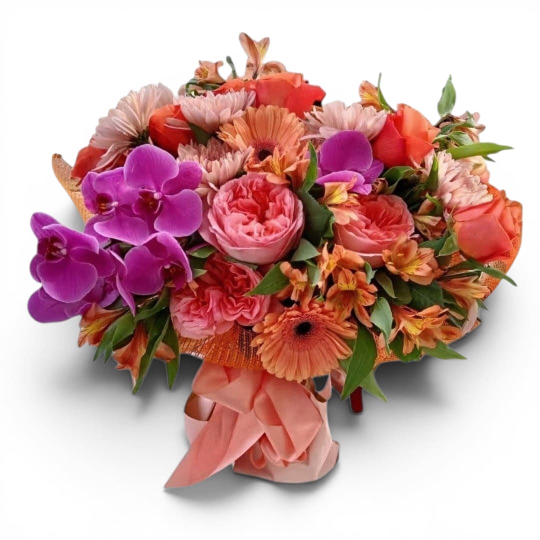 Bouquet of pink and orange flowers with purple orchids and a pink ribbon wrap