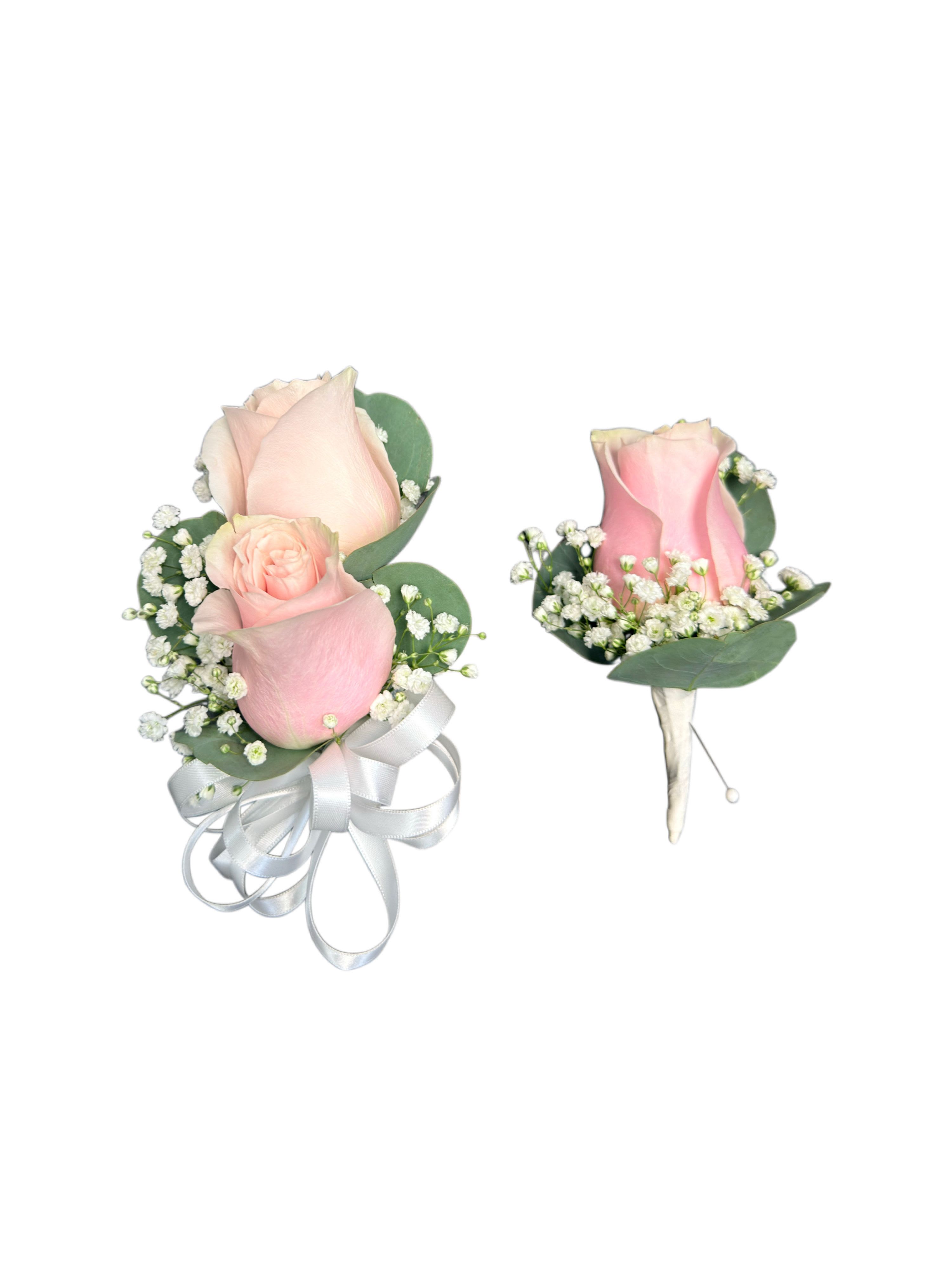 Corsage and boutonniere combo  - Combo corsage and boutonniere, light pink roses and white ribbon 