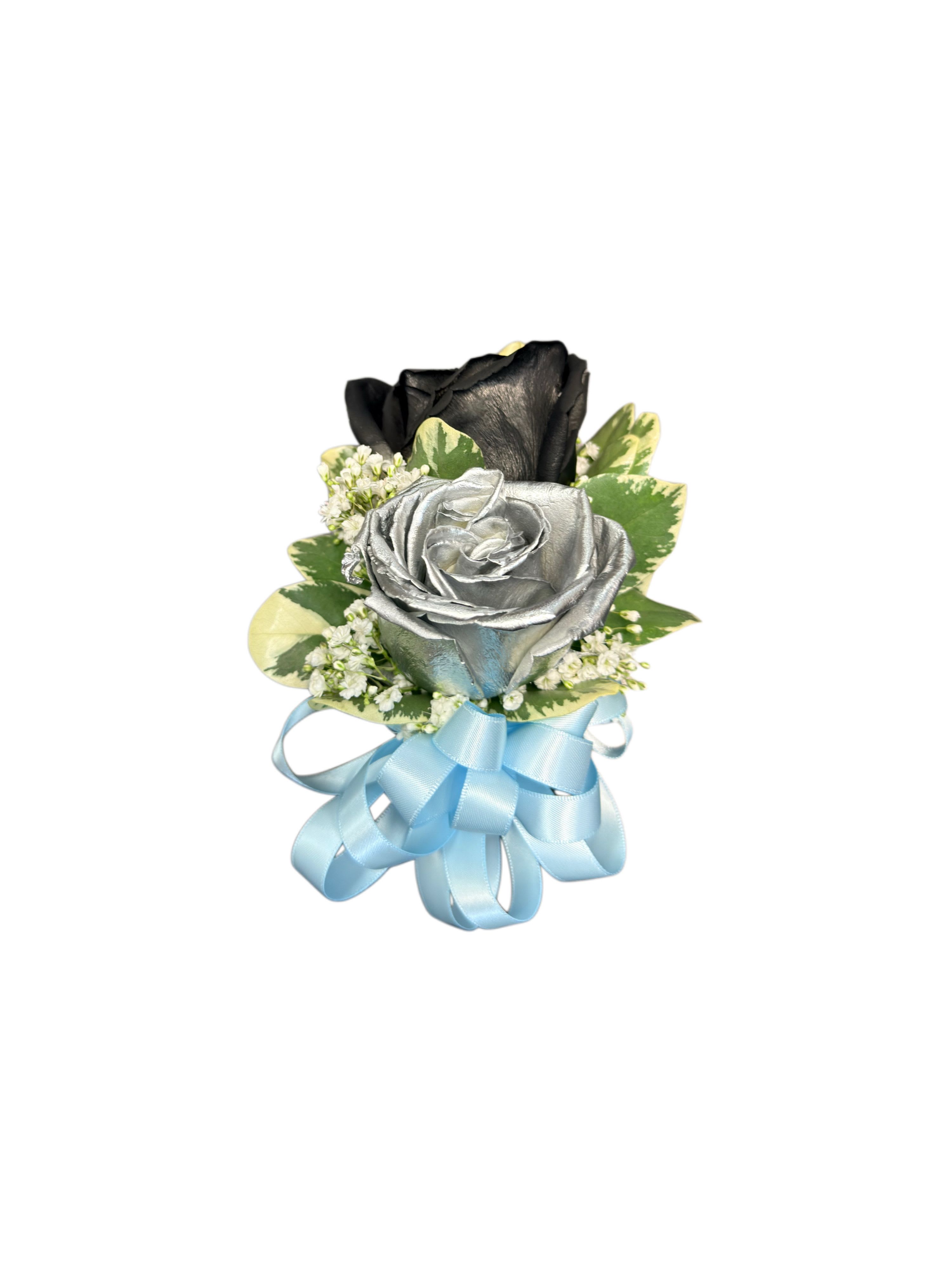 Corsage black and white roses-blue ribbon  - Corsage black and white roses, light blue ribbon. 