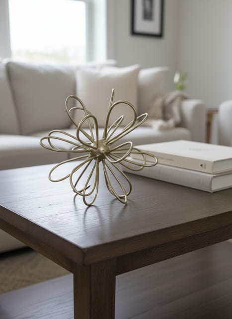 Geometric Flower Decor - An airy, modern accent that reads like art: this Geometric Flower Decor brings sculptural interest to a coffee table or bookshelf and works beautifully as a housewarming gift, a birthday surprise, or a thoughtful "just because" present. The stylized flower shape and muted gold finish create a minimalist silhouette that makes the recipient feel seen-sophisticated, calm, and effortlessly curated-perfect for saying thank you or "thinking of you" without words.  The piece is a small metal decorative sculpture in white, black, and warm gold tones with open looping petals that catch light and shadow for subtle visual movement. Shown on a dark wood coffee table amid books and a neutral sofa, it companionably complements contemporary interiors and layered decor. Lightweight and compact, it fits on side tables, mantels, or office desks and pairs well with stacks of books or a small vase for an elegant vignette.  Ideal for Spring refreshes, Boss's Day gifts, or to mark a new home, this decor object gives the recipient a lasting reminder of your thoughtfulness rather than perishable blooms. No special care is required-simply dust occasionally-making it an easy, refined choice for anyone who appreciates modern, understated design.