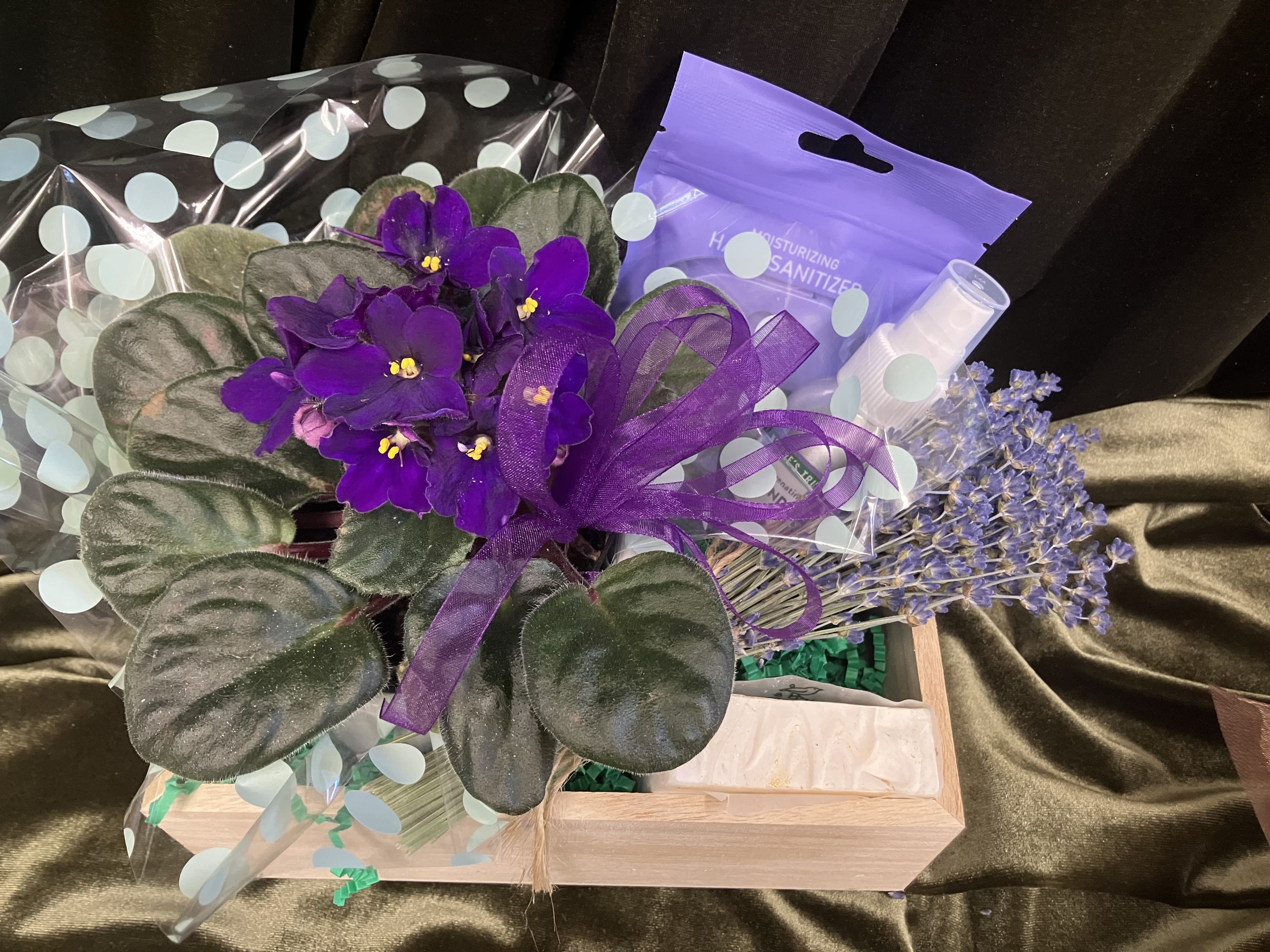 Lavender Gift Box - Fun box for the lavender lover. Locally grown lavender, locally made soap along side a purple African violet! 