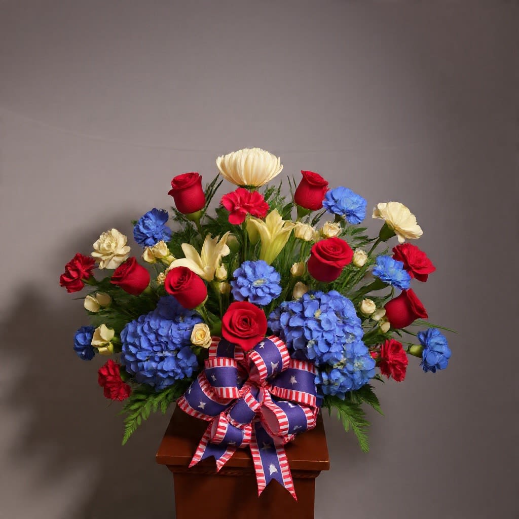 Patriots Dream - A bold, festive arrangement that reads like a salute-this flower arrangement is perfect as a patriotic bouquet for Fourth of July, Memorial Day, or any celebration honoring a loved one. The mix of red roses and carnations with bright blue hydrangeas and cream lilies creates a striking red, white, and blue color story that immediately feels celebratory; the large patriotic ribbon ties the look together and signals the occasion at a glance. The person you give this to will feel seen and celebrated-this is the kind of arrangement that announces your intention with confidence and warmth.  Densely packed and rounded for full visual impact, the design balances cooler blue hydrangea clusters against warmer red roses and carnations, while cream lilies add soft, textural contrast and height. The bouquet sits on a wooden pedestal that gives it a grounded, classic presentation-easy to place on a mantel or reception table as a focal point. Finished with a decorative red, white, and blue ribbon, the piece reads as festive rather than formal.  Ideal for backyard parties, memorial gatherings, veteran celebrations, or as a thoughtful way to mark an anniversary or patriotic holiday, this arrangement arrives ready to display. As with most fresh-cut designs, trimming stems and changing the water every other day will help prolong bloom life; ordering ahead for holiday delivery is recommended to ensure availability.