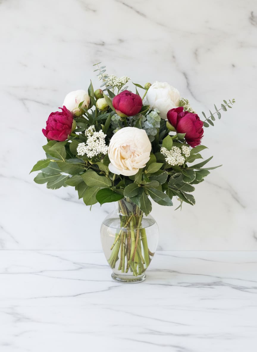 Crimson and Cream Peonies - Celebrate peony season with this lush arrangement of premium red and white peonies accented with delicate seasonal blooms and fresh greenery. Designed in a classic glass vase, Crimson &amp; Cream Peonies combines rich ruby tones with soft ivory petals for an elegant, garden-inspired look. Perfect for birthdays, anniversaries, congratulations, sympathy gestures, or simply brightening someone’s day.  Handcrafted by Polk Street Florist and available for local flower delivery throughout San Francisco, this seasonal peony arrangement showcases some of the most sought-after blooms of the year.