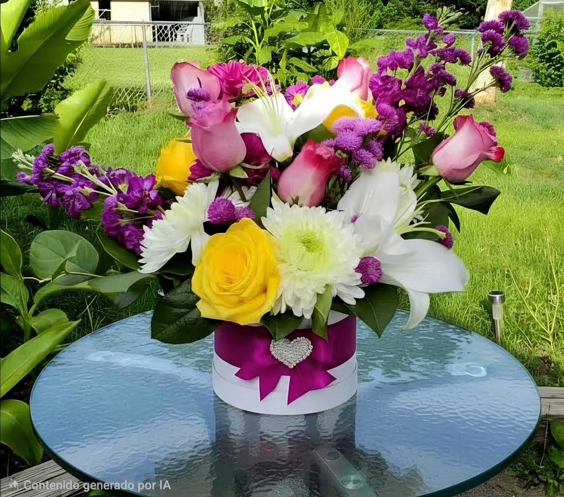 Sunset &amp; Lavender Blooms Box - This arrangement features a harmonious blend of radiant yellow roses, pure white lilies, delicate deep-purple statice, and white chrysanthemums; it is a true testament to joy and elegance. The color combination creates a striking visual contrast, making it perfect for expressing gratitude, celebrating a birthday, or simply brightening up a home. 