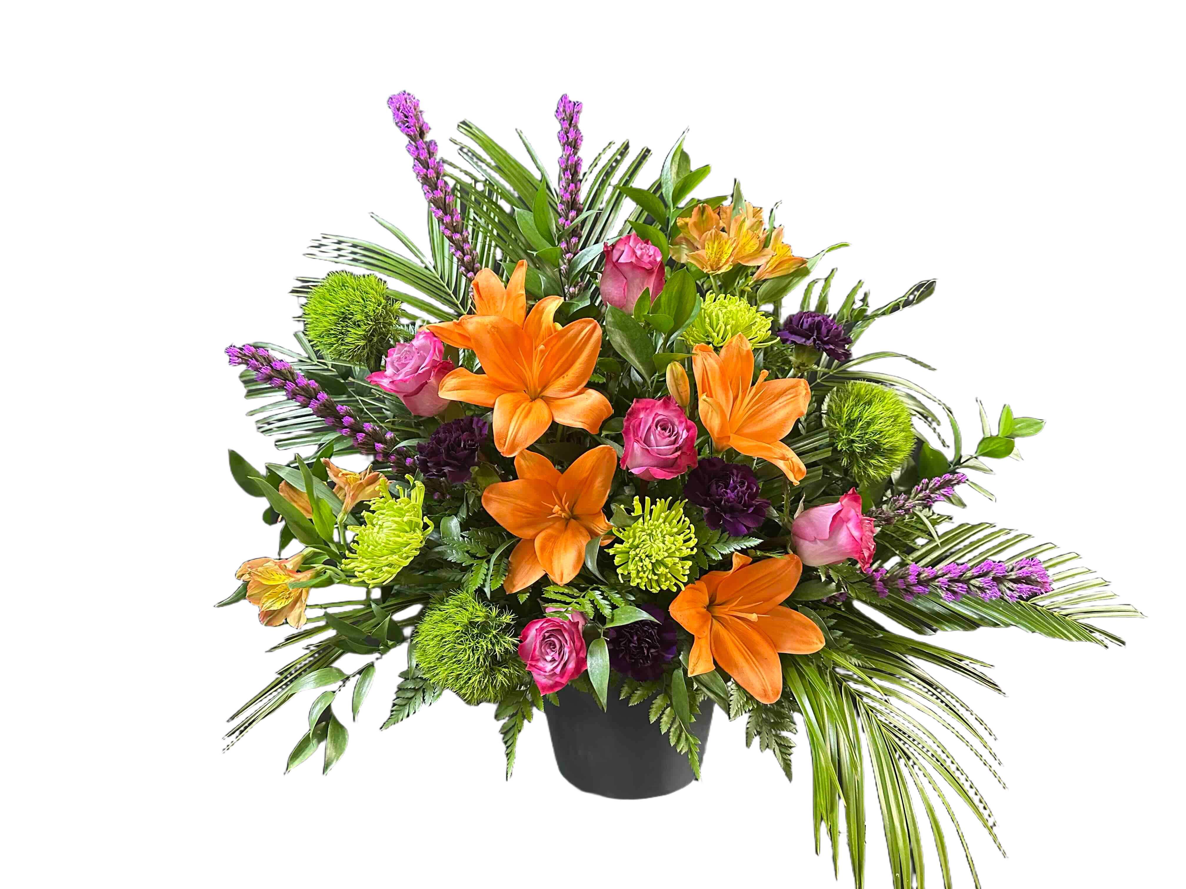 Eternal Paradise Bouquet - Bright mix of orange lilies, purple roses, and green cremons