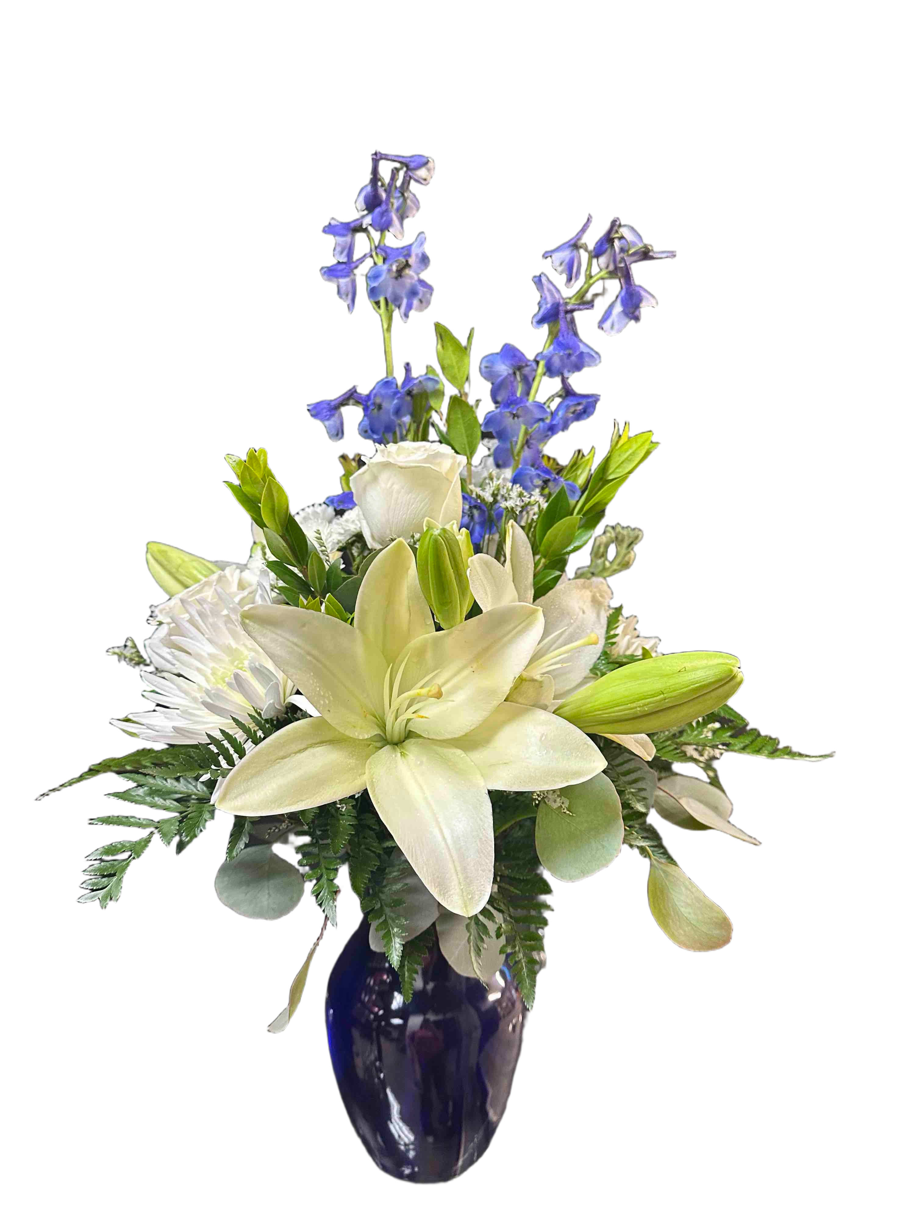 Blue Sky Bouquet - White lilies, blue delphinium, and chrysanthemums in a blue vase