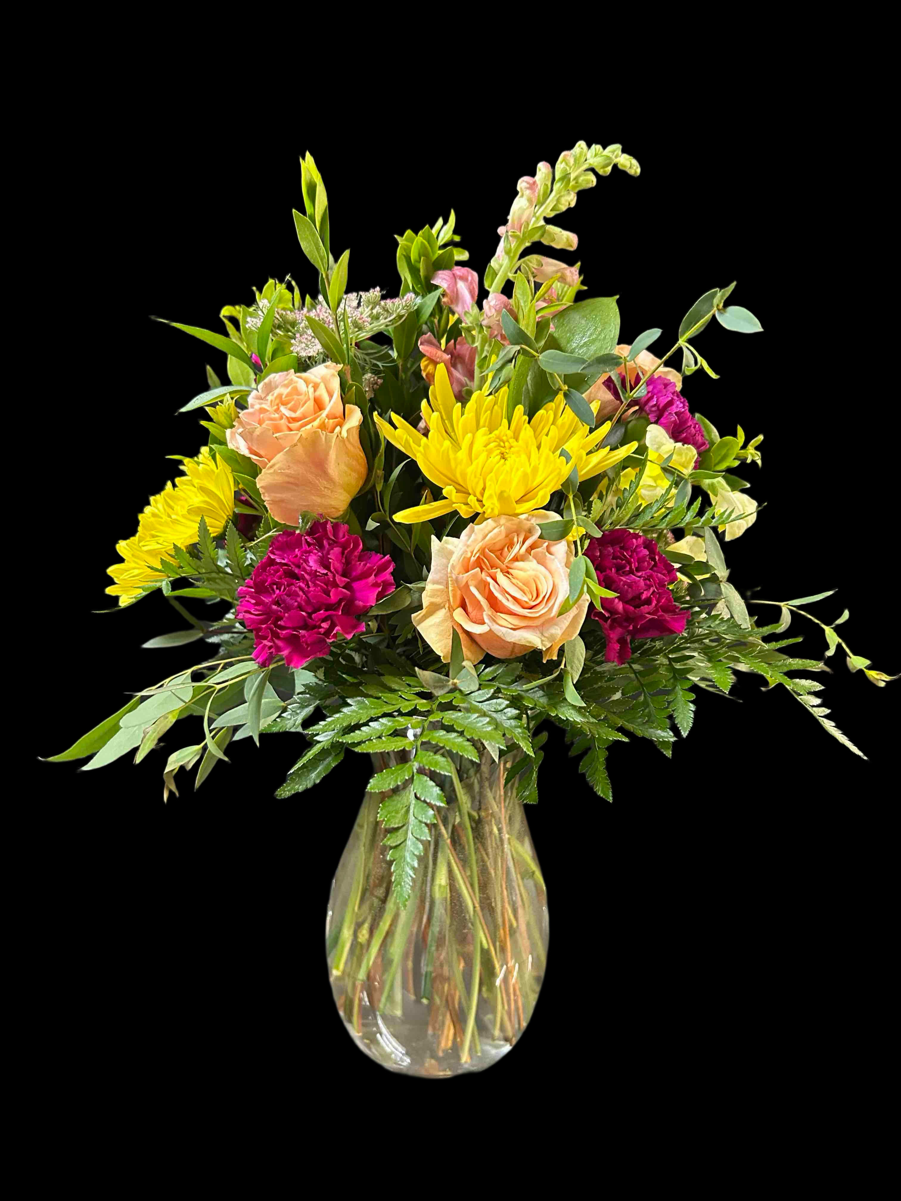 Modest Beauty - Fun mix of peach, purple and yellow flowers