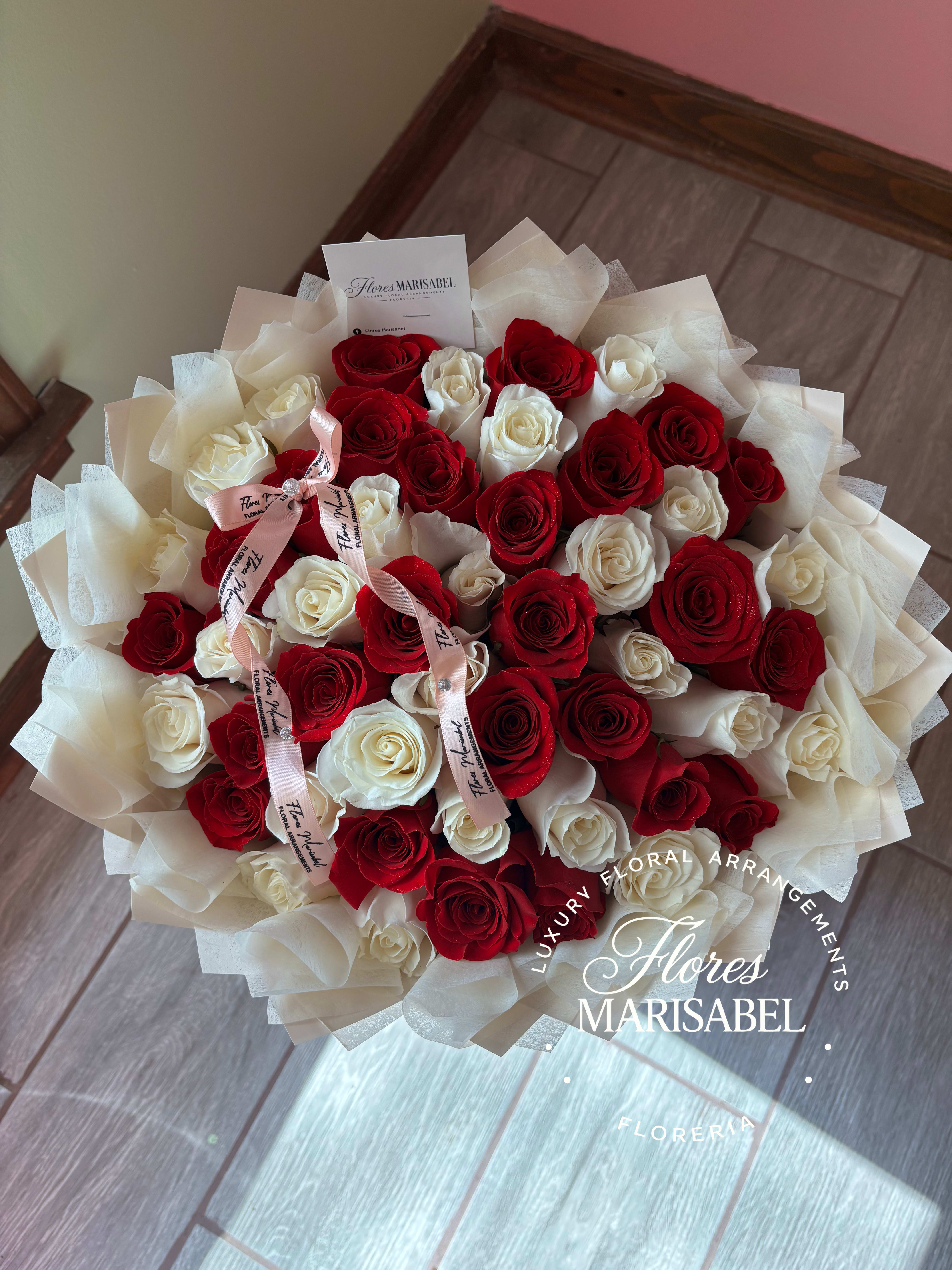 50 red and white roses with layered wrap  - 50 red and white roses. White layered wrap. 