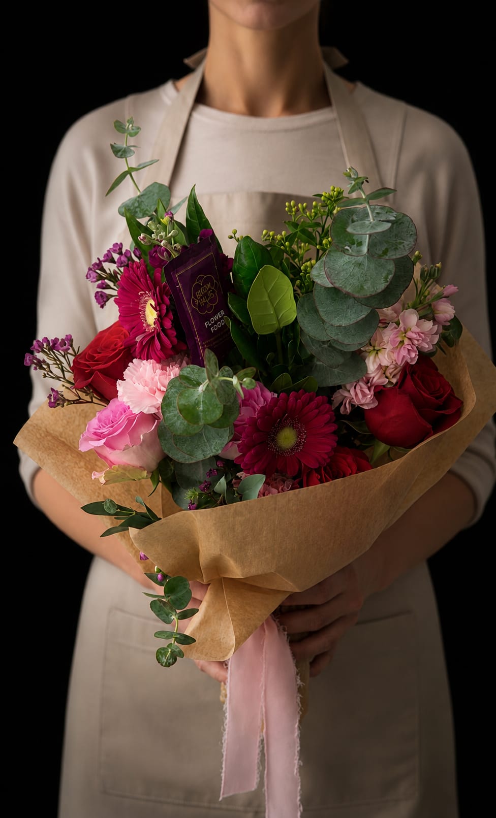 Blushing Grace Bouquet (No Vase) - A soft and romantic hand-tied bouquet designed with fresh seasonal blooms in shades of blush, pink, and rich rose tones, accented with lush greenery and wrapped in our signature kraft paper.  Thoughtfully arranged to feel both elegant and effortless, this bouquet is perfect for celebrating the beauty, love, and grace of every mother.  Each bouquet is uniquely crafted, ensuring no two are exactly alike while maintaining our signature Anointed Flowers style.  Flower varieties and shades may vary based on seasonal availability.