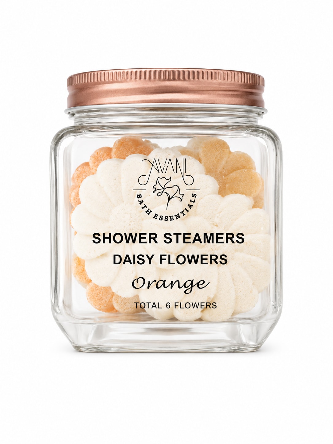     Shower &amp; Glow Set - A bright little gift that makes someone feel seen and pampered: this Shower &amp; Glow Set arrives as a jar of daisy-shaped shower steamers in white, orange, and soft peach tones-perfect for a casual birthday treat, a thank-you, or a just-because pick-me-up. Fragrant orange daisy flowers are called out on the printed label so the recipient knows exactly what scent to expect; the playful stacked blossoms peek through the clear glass jar and read cheerful and homey at a glance.  The set pairs the jar of compact, rounded steamers with a tall white retail box of AVANI Warm Floral After Shower Body Oil-minimal black type and a delicate floral line drawing give the oil a spa-like, understated look. The jar closes with a metal lid and the package arrives in a neat product box, making it easy to gift without extra wrapping. Colors are crisp white, sunny orange, peach, and a touch of black from the label art, creating a clean, modern contrast.  Thoughtfully aimed at the person who loves little rituals, this duo is the kind of present that says "relax" and "I noticed you" at the same time. Each steamer is ready to use in the shower and the oil slips into a post-shower routine; the tidy sizing and boxed presentation make it an effortless grab for last-minute gifting or a small indulgence for a roommate, friend, or colleague.
