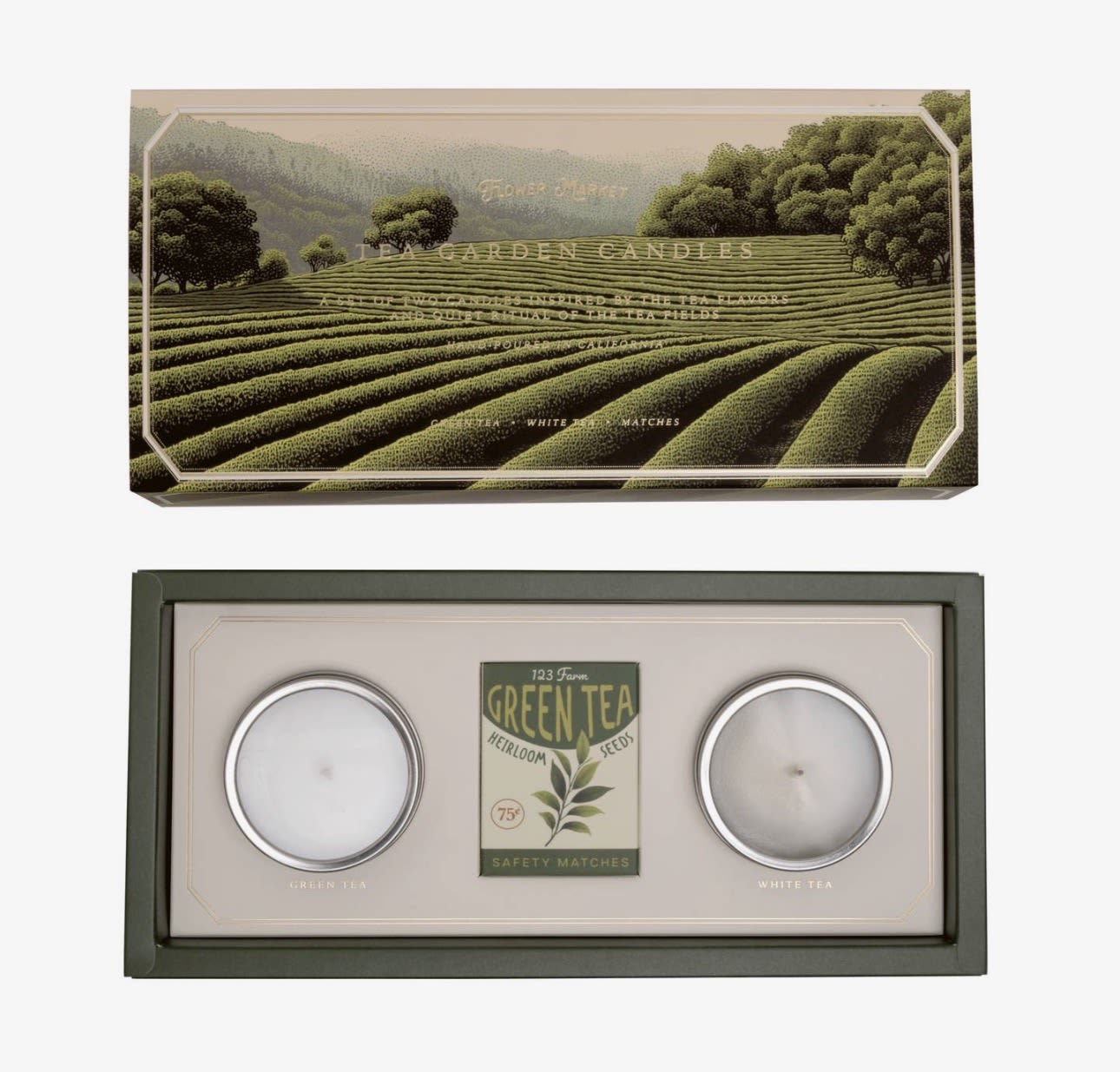 Candle &amp; Matches Garden Set  - A calm, garden-inspired boxed candle set that's perfect for a hostess gift, housewarming, or a little "thinking of you" surprise. This flower-themed gift set reads like a floral arrangement in spirit-botanical illustrations, soft mixed-color blooms on the lid, and a gentle green-and-cream palette-so the person you're sending it to will feel soothed and seen the moment they open the box.  The set includes two round metal tin candles (Green Tea and White Tea) nestled in a fitted presentation tray, plus a small matchbook of safety matches-everything packaged in a decorative candle gift box with landscape and rose-print artwork. Colors across the packaging run green, white, pink, orange and muted neutrals, giving the gift a fresh, gardeny vibe without live flowers.  Give it to someone who needs a cozy reset: a friend moving into a new place, a host who loves low-maintenance luxuries, or anyone who enjoys candlelit moments. Compact and ready to give, this boxed candle set arrives beautifully presented and requires no assembly-just light the wick and let the scent do the rest.
