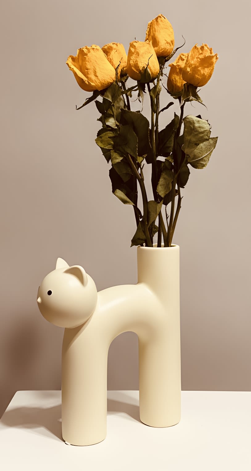 Cat Lover's Vase - Sunshine-yellow roses tucked into a cream ceramic cat-shaped vase make this flower arrangement a playful, heartwarming gift for birthdays, housewarmings, or a cheerful Father's Day surprise. The vertical cluster of yellow roses reads joyful but understated, the warm petals instantly brightening a room while the sculptural cat adds personality-perfect for the person who loves animals or a touch of whimsy on their shelf.  The arrangement pairs several yellow roses with dark green foliage for a fresh, clean palette of yellow, white, and green. The cream ceramic cat vase serves as both container and keepsake, its neutral tone letting the roses take center stage. The compact, upright silhouette fits easily on a windowsill, bedside table, or desk and complements modern and cottage-style decor alike.  Choose this as a "thinking of you" pick-me-up, a thank-you that feels personal, or a sweet new-baby or get-well gift that will keep working as cheerful decor long after the blooms fade. No-fuss care: keep in fresh water, trim stems occasionally, and display out of direct hot sun to extend vase life.