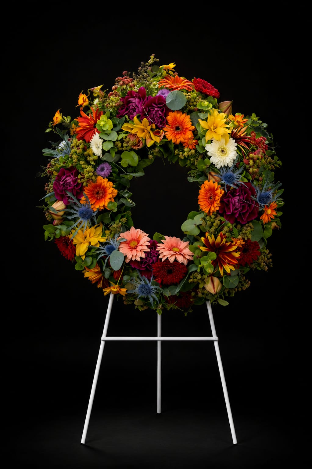 Colorful floral wreath on a white easel against a black background