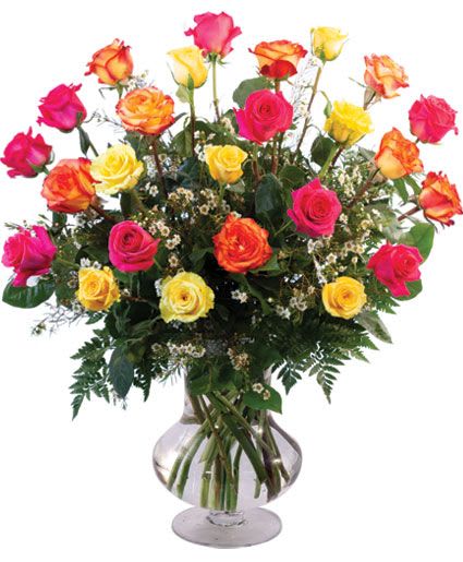 24 Mixed Roses Vase Arrangement - Are you ready to spoil the one you love? With a mixture of yellow, pink, and bi-colored roses, our Two Dozen Mixed Roses bouquet is perfect for doing just that! Show them your love with these gorgeous flowers today.  Includes: Large Pedestal Vase, Greens: Leatherleaf, Salal, Flowers: Yellow Roses, Pink Roses, Yelloworange Bicolor Roses, White Waxflower.