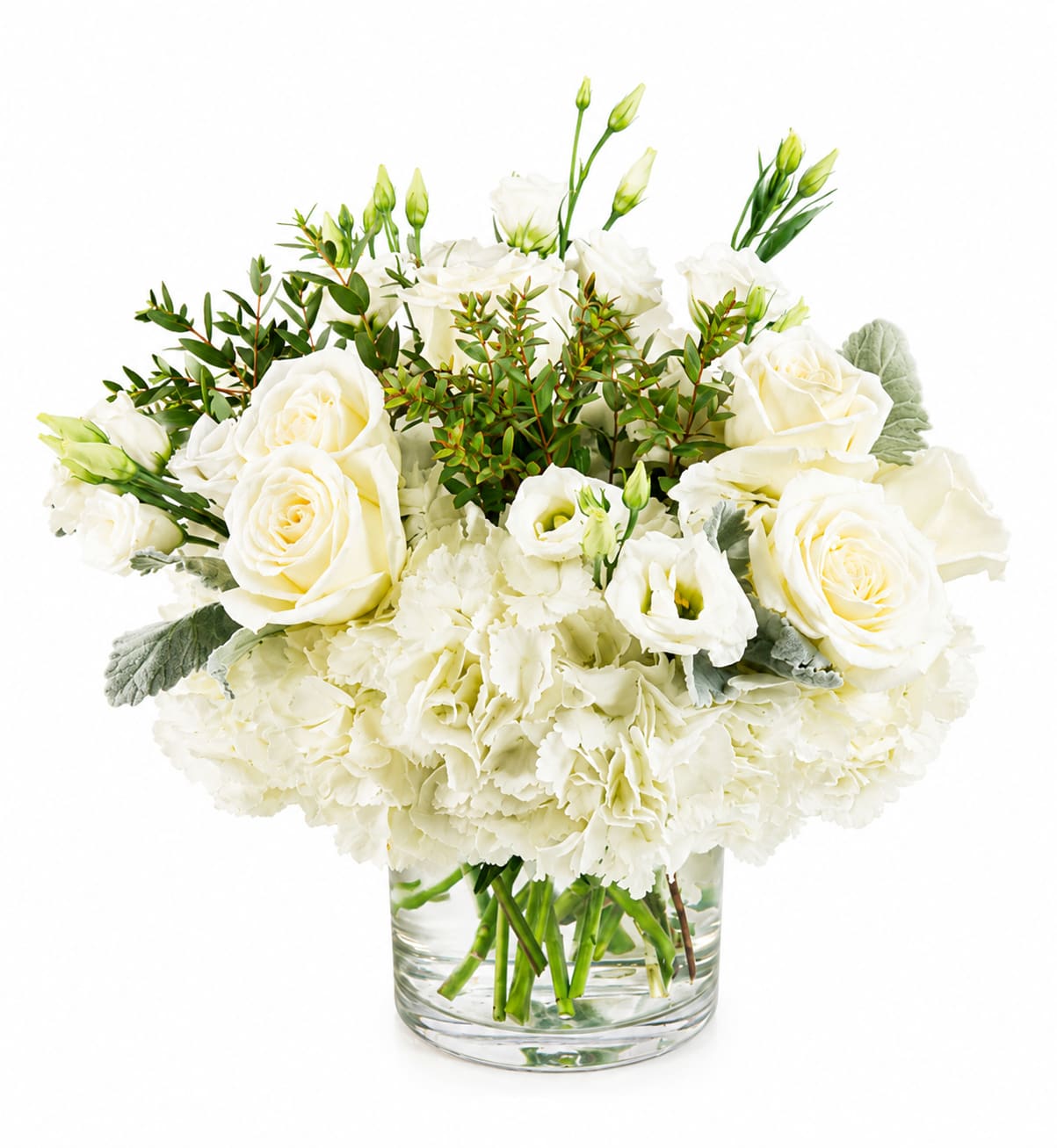 Cloud Nine  - New beginnings deserve flowers! This all white arrangement includes roses, lisianthus and hydrangeas. Cloud Nine by BloomNation™ is the perfect gift for celebrating a new year, a new baby, or a newly married couple.   APPROXIMATE DIMENSIONS 15" W X 13" H