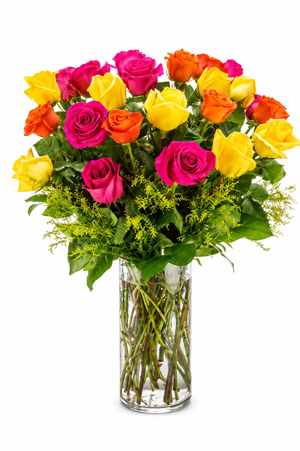 Pink Lemonade  - A dense cluster of long-stemmed roses in vivid pink, sunny yellow, and bright orange-this Pink Lemonade arrangement is a celebratory anniversary bouquet that reads loud and happy. Perfect as a birthday surprise, graduation gift, just-because pick-me-up, or a romantic gesture for the person you love, it delivers an immediate wow: saturated color, joyful texture, and an unmistakable "you matter" moment.  The roses are tightly gathered into a rounded, full shape and set in a tall clear glass vase so the clean stems and waterline are part of the look-fresh, modern, and slightly playful. Bright green filler and foliage tuck between blooms to soften the palette and add a lively contrast to the pinks, oranges, and yellows. Approximate dimensions: 20" diameter x 28" height.  Give this when you want someone to feel truly celebrated-whether it's thank-you flowers, thinking-of-you comfort, Mother's Day warmth, Best Friends Day delight, or a Valentine's/Women's Day treat. For best longevity, keep stems in fresh water and trim slightly if possible; she'll notice the care and feel adored.