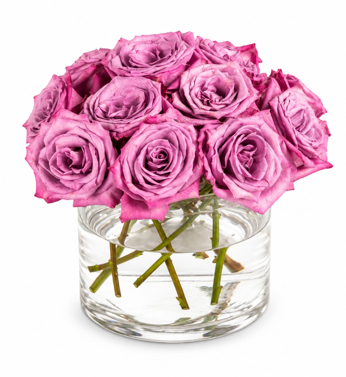 Lavender Love - This beautiful lavender bouquet are guaranteed to brighten someone's day. Lavender Love is perfect for someone's birthday or for anyone that needs cheering up.   Arrangement Details:  Dozen Lavender Roses APPROXIMATE DIMENSIONS:  10"D X 10"H