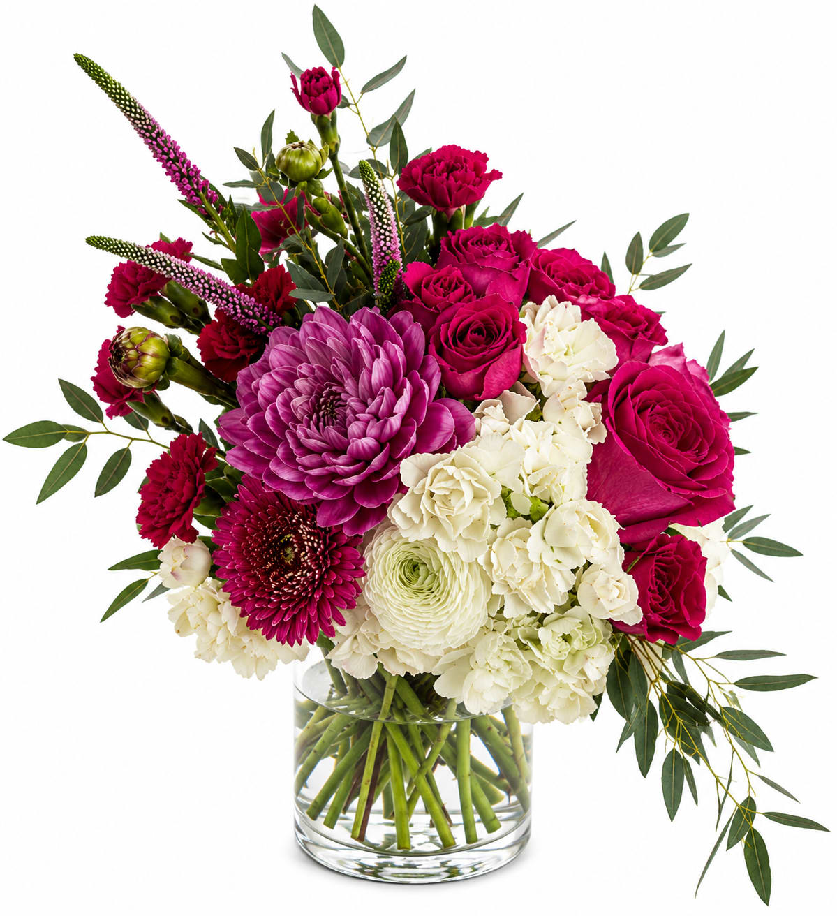 Wild Hearts  - Bold magenta roses meet fluffy white carnations and jewel-toned purple chrysanthemums in an energetic birthday bouquet built to make someone's day. This Wild Hearts arrangement reads like a celebration-perfect for birthdays, anniversaries, or a thank-you that needs to shout "you're amazing" without being fussy.  Dense, layered blooms sit upright in a clear glass vase, with airy branching greenery threaded through for texture and movement. The palette of pink, white, purple, and fresh green creates high-contrast drama while still feeling romantic and polished; dimensions match a classic medium vase silhouette for an easy spot on a dining table or desk.  Give this to the person you want to feel truly seen-she'll notice the color, the scent, and the confident, joyful energy. Vase-ready and arranged to last, simply change the water every few days and trim stems when they look tired to keep the display looking freshly gifted.