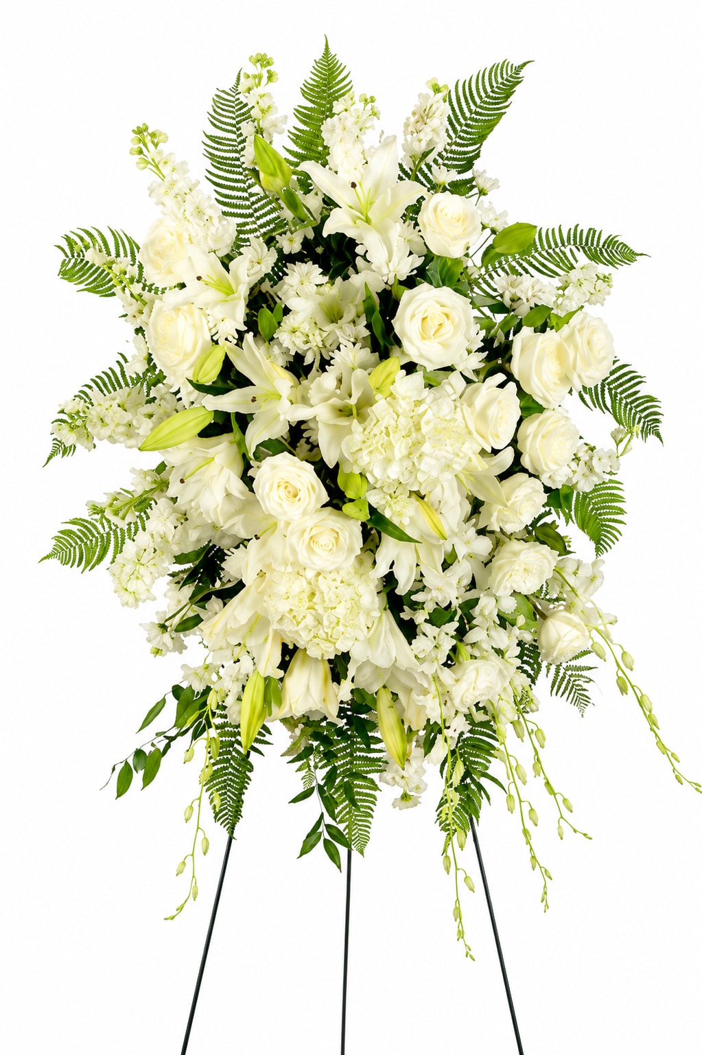 True Sympathy  - An all white tribute, this funeral spray is pure and tranquil. Featuring a variety of white flowers and green palms this elegant funeral spray brings a feeling of peace to it's surroundings 