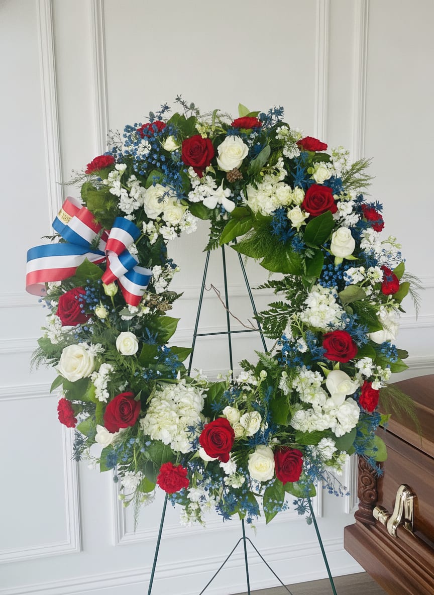 Wreath of Salute - A large circular sympathy wreath in red, white &amp; blue, designed as a patriotic tribute for American soldiers and veterans. The Wreath of Salute is meant for memorial services, Veterans Day commemorations, or civic tributes-the rich red roses, crisp white blooms, and clusters of blue accents come together to give the person you're honoring a clear, respectful signal of gratitude and remembrance.  Packed densely on a standing easel, this formal wreath is made with mixed roses, carnations, daisies and other seasonal flowers set against abundant greenery for texture and depth. A wide tricolor decorative ribbon is tied to the left side for a ceremonial finish, and the arrangement arrives mounted on a floral wreath stand ready for immediate display. Its full silhouette and substantial presence ensure the tribute reads clearly from a distance at a service or public commemoration.  Choose this piece to convey solemn appreciation, respect, and patriotic honor-the kind of arrangement that lets the person you're remembering feel recognized and respected. The wreath is prepared on-site and placed on the accompanying easel for delivery; please contact us with ceremony timing or placement requests so we can ensure timely setup.