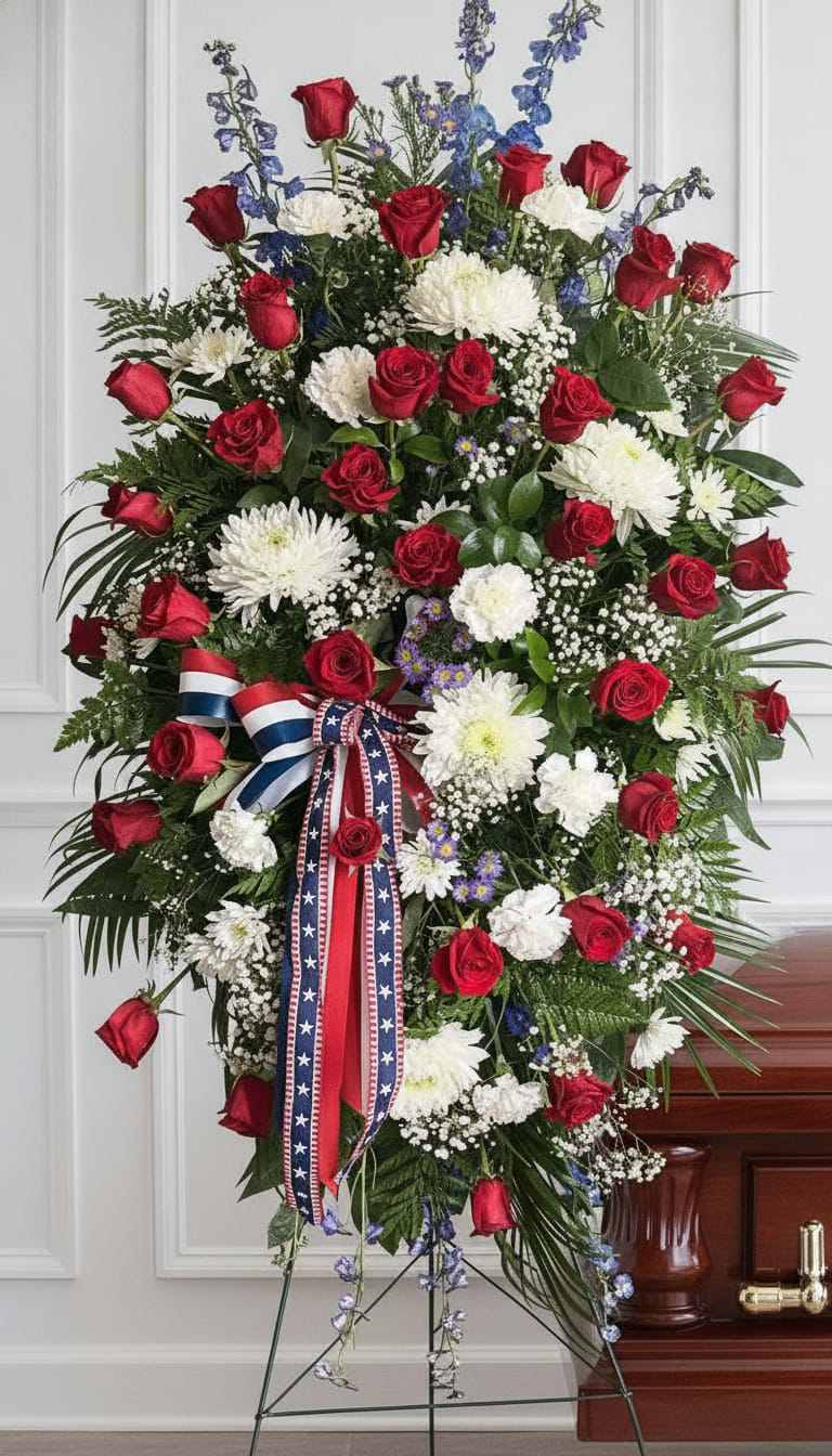 American Tribute - A dignified standing spray crafted in a solemn red, white and blue palette. Perfect as a funeral or memorial tribute. This American Tribute standing arrangement reads as a respectful commemoration: the round, formal silhouette and long ribbon tails on a sturdy easel create a ceremonial presence that honors the person you're remembering.  White chrysanthemums and small white filler blooms form a luminous backdrop for deep red roses, while blue accent flowers and fresh greenery give the piece patriotic definition and visual depth. The design is dense and rounded, made to be viewed from the front on its easel; ribbon streamers at the center add graceful movement against the fuller floral mass.  Choose this spray when you need a traditional, reverent expression for a graveside service, memorial ceremony, or funeral viewing - the kind of arrangement that helps family and friends feel seen and comforted. It arrives ready to display on the included standing easel with ribbons in place; no extra assembly is required.