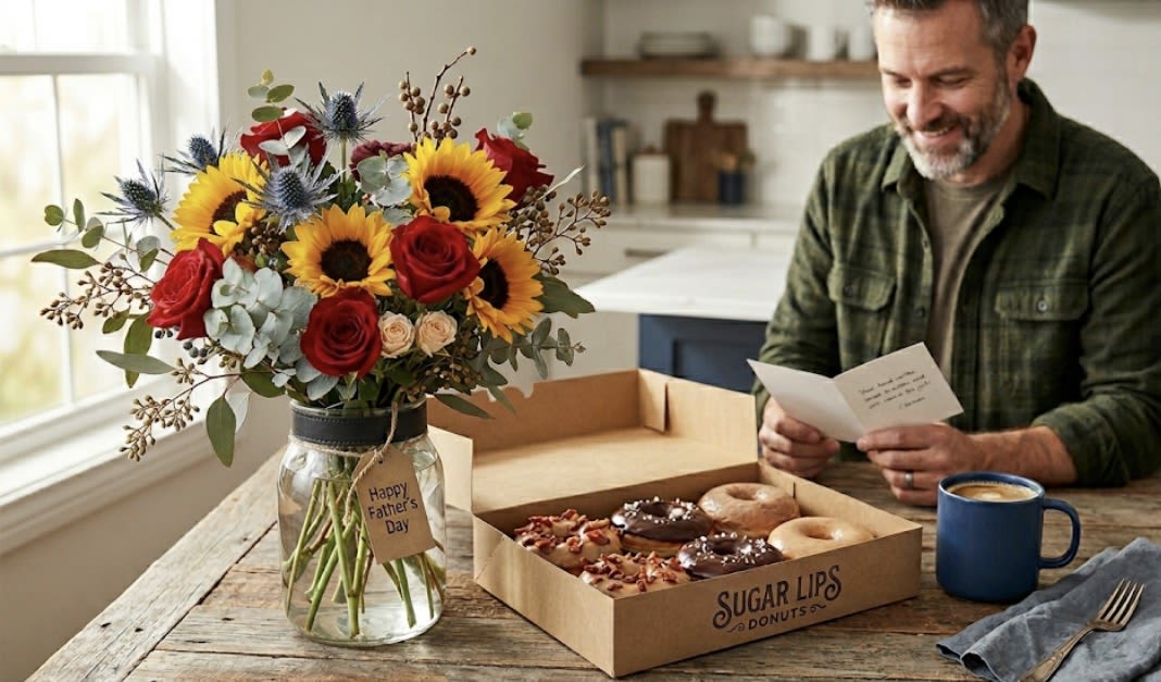 Dad's Dozen (plus Sugar Lips Donuts!) - Bright yellow sunflowers lead this cheerful Father's Day bouquet, paired with roses and a pop of blue thistle accents for contrast.   The flowers are casually arranged for a homey, rustic feel: bold sunflower heads, long-stem roses, and filler blooms combine for a lively mix of texture and color. 