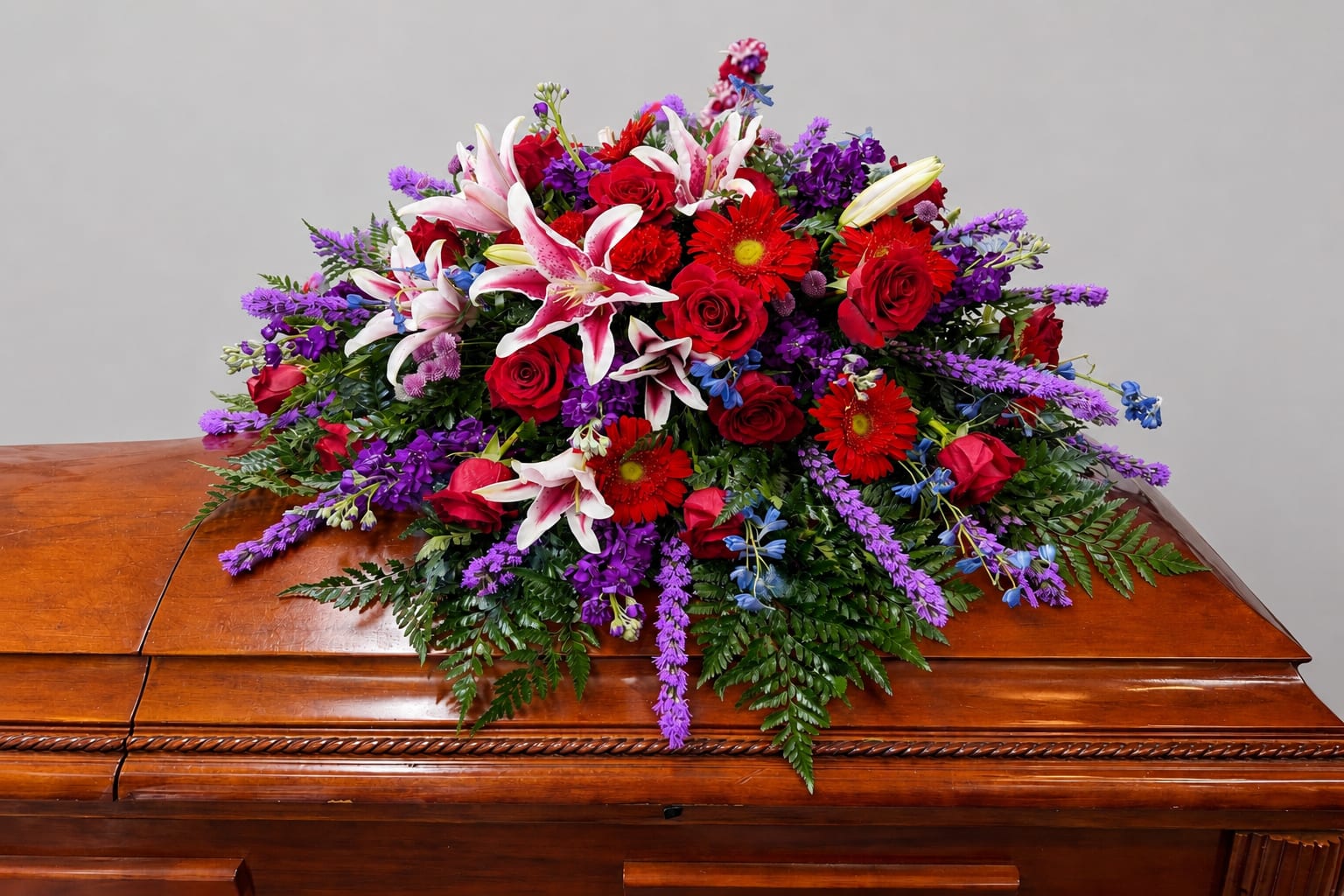 Celebration of Life Casket Spray - A broad, cascading casket spray made to convey deep respect and comfort at a funeral or memorial service. This sympathy arrangement places lilies, roses, gerbera daisies, carnations and purple accent blooms across the length of a polished casket for a dramatic, formal presentation that honors the person you're remembering. The vivid reds and rich purples are tempered by soft pinks, whites and green foliage so the overall effect reads saturated and dignified rather than harsh.  Flowers include red roses and red gerbera daisies paired with white-and-pink lilies, pink carnations and clusters of purple and blue filler flowers woven into abundant greenery. The design is low and full, with a gently cascading silhouette and long floral spikes that extend outward to soften the casket's edges and add depth. Sized to span the casket top, it offers a strong visual presence while remaining respectful and composed.  Ideal for funerals, memorials, and services where a formal, heartfelt tribute is desired, this spray communicates sympathy and honor to the grieving family and guests. Care and placement are handled for casket use; please indicate casket dimensions and any color preferences when ordering so we can tailor the arrangement to best reflect the person you're celebrating.