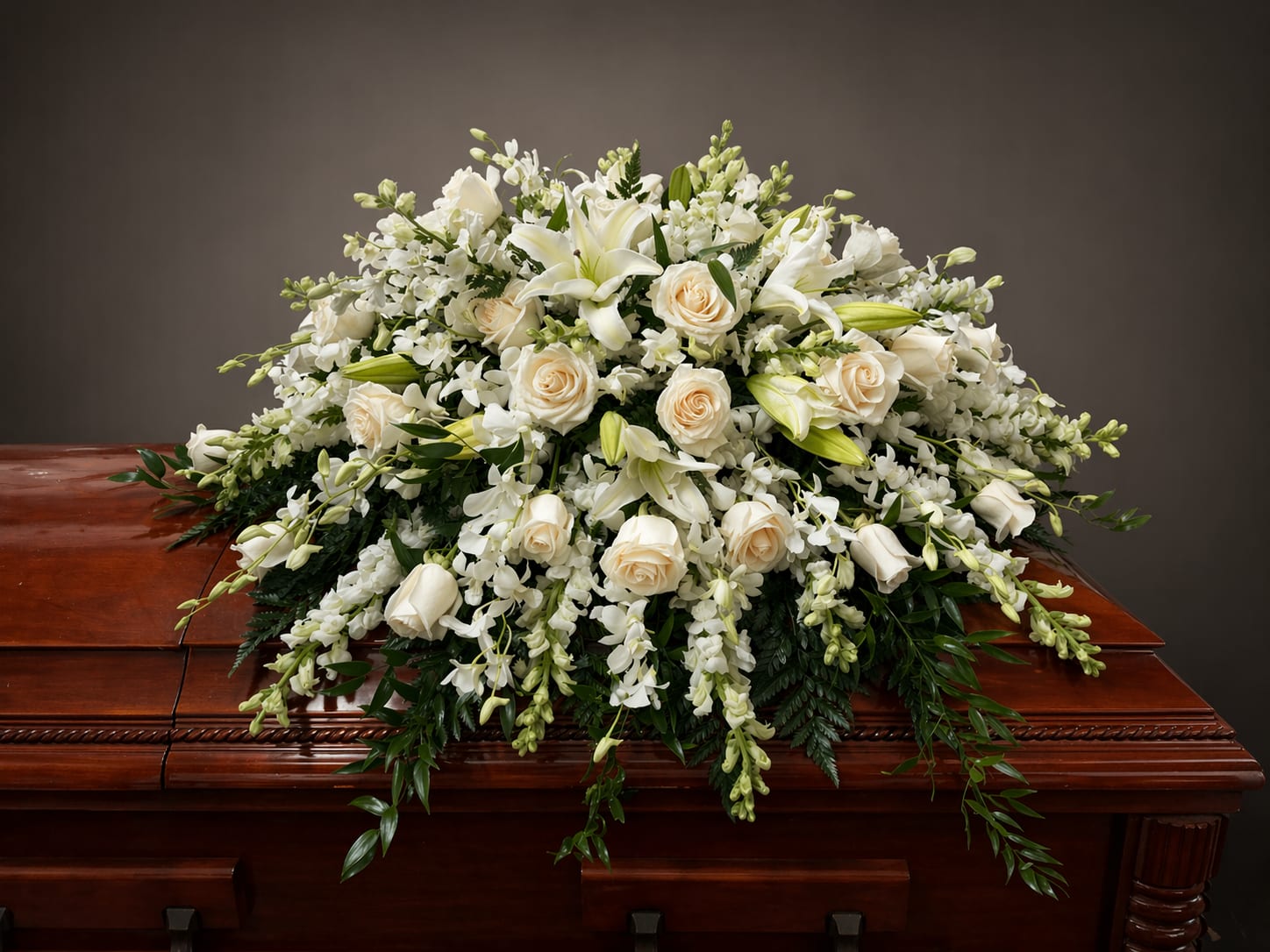 Ivory Elegance - A serene cascade of cream and white roses, white lilies, and delicate white orchid-like sprays-this large casket spray is designed to rest gently across a polished wooden casket for a funeral or memorial service. Ivory Elegance offers a traditional, formal presence that helps the person you're honoring feel deeply respected; its restrained white, green, and soft peach palette reads as peaceful and comforting in a somber setting.  The arrangement is full and expansive, arranged in a dense, cascading shape to drape gracefully over the casket lid. Cream and white roses provide lush, layered texture while white lilies and small orchid-like blooms add refined accents; pale green lily buds introduce a subtle contrast that keeps the composition soft rather than stark. Finished to lie across a polished wooden casket, this design emphasizes calm, gentle lines and classic sympathy florals.  Made to convey heartfelt condolences, Ivory Elegance is appropriate for a traditional service where a timeless, respectful tribute is desired. If you need sizing or delivery specifics for the casket or service location, our team can assist to ensure the spray fits and arrives in time for the memorial.