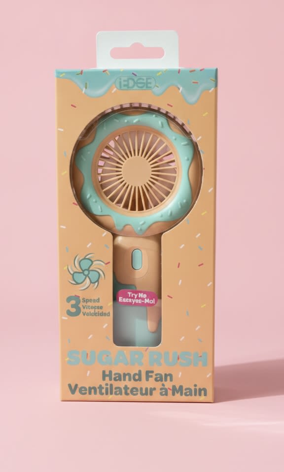 Donut hand fan (novelty gift electric hand fan) - Pastel candy colors and a rounded, playful silhouette make this novelty Donut hand fan a cheerful summer gift that's perfect for birthdays, Father's Day, or a "just because" pick-me-up. As a handheld fan and boxed gift in one, it reads as an easy, thoughtful way to say Thank You or Thinking of You-especially for warm-weather moments when staying cool feels like care.  The fan arrives in a peach-and-blue box with sprinkle-style confetti graphics and a clear window that shows the rounded head and tan handle with a blue power button. Colors on the product mix soft green, peach, blue, and pink for a light, candy-colored vibe; the compact size makes it great for tote bags, desks, or outdoor gatherings like Fourth of July picnics. The package includes the fan inside a neat gift box, ready to present.  Ideal for summer days, travel, and anyone who appreciates whimsical, practical gifts, this hand fan offers a quick, delightful way to brighten someone's day. Order as a casual birthday treat, a small thank-you, or a sunny Thinking of You gesture-no assembly required and packaged to give straightaway.