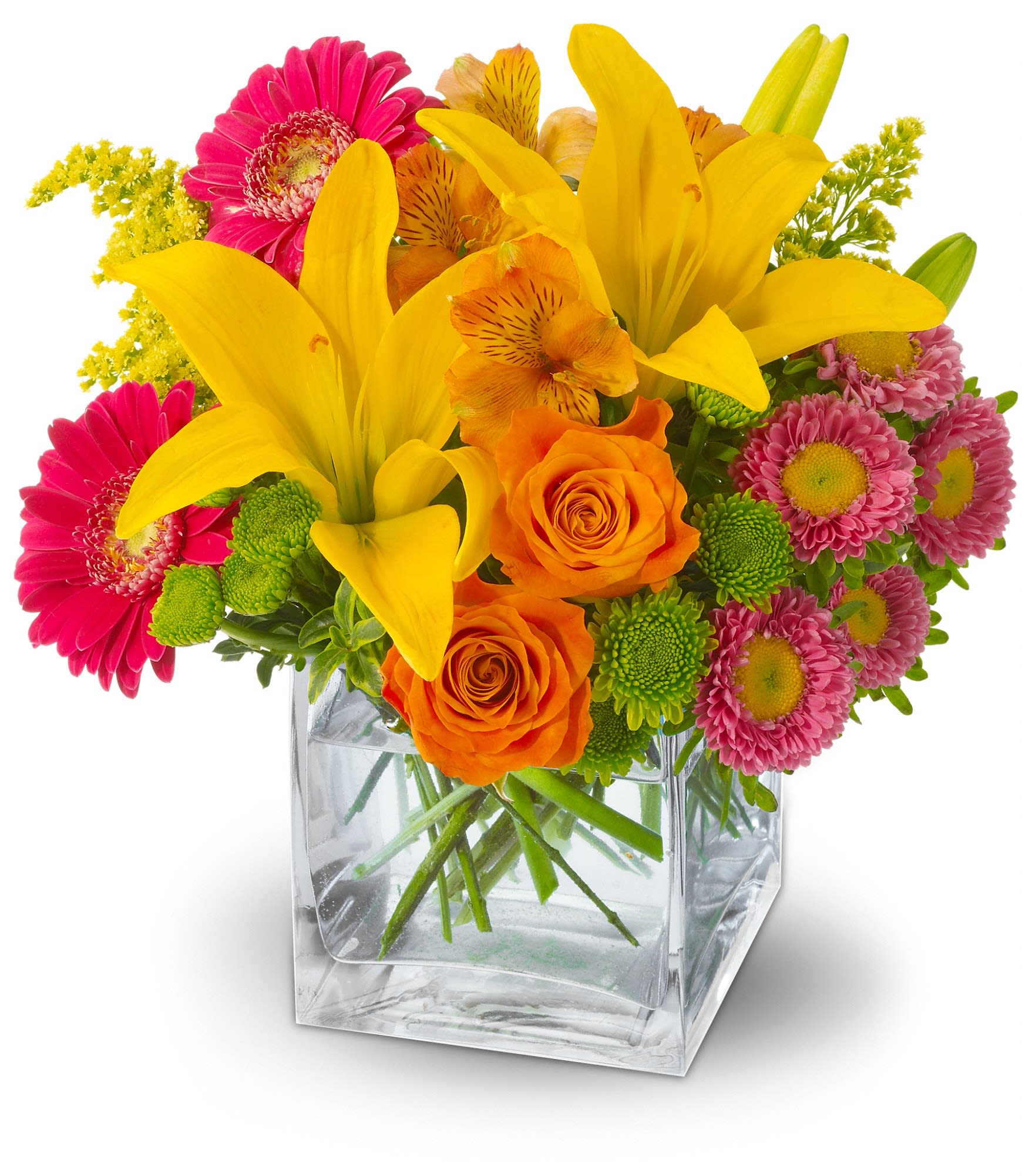 Bright bouquet of yellow lilies, orange roses, and pink daisies in a clear glass vase