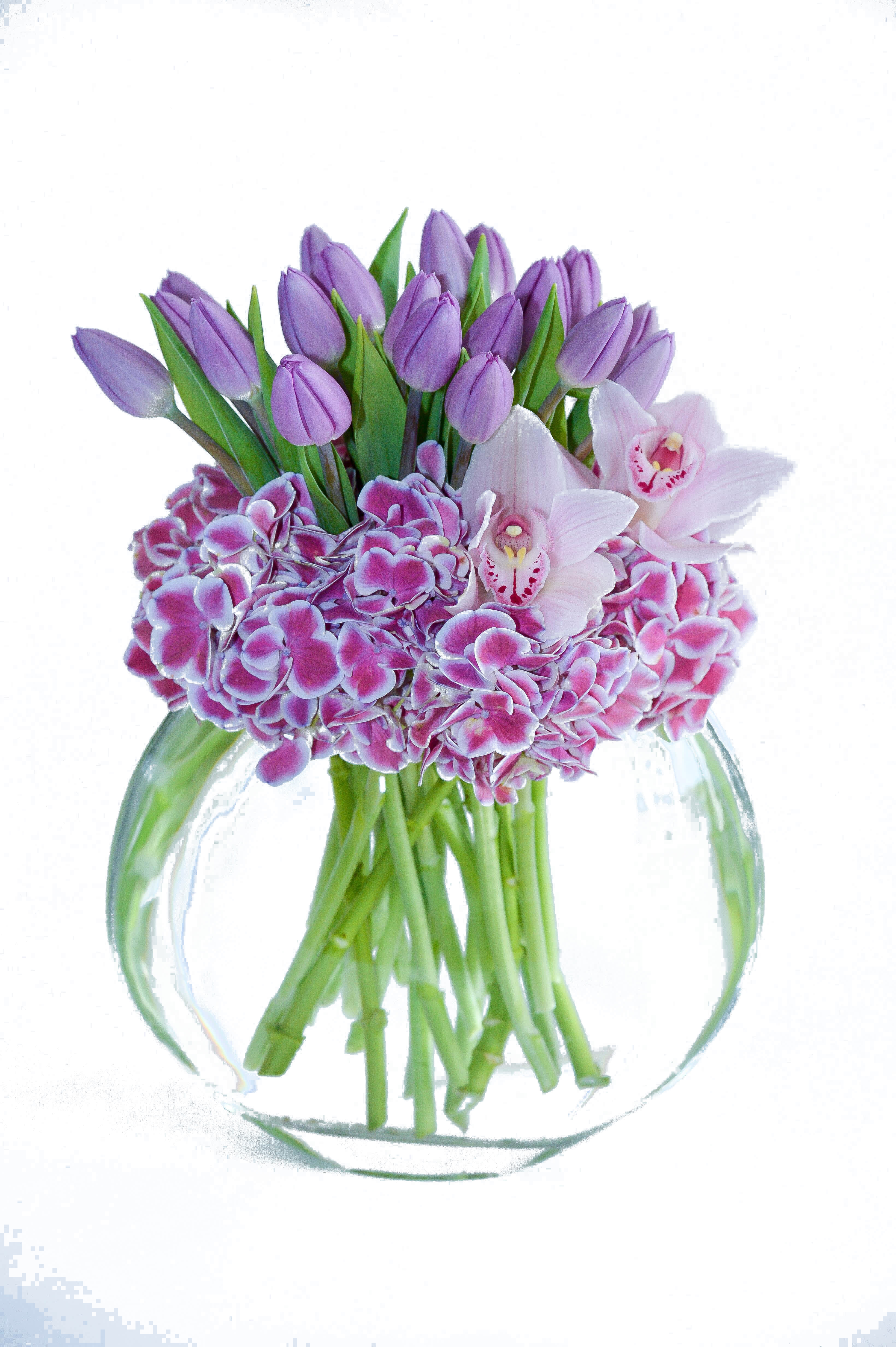 Purple tulips and pink orchids in a clear glass vase
