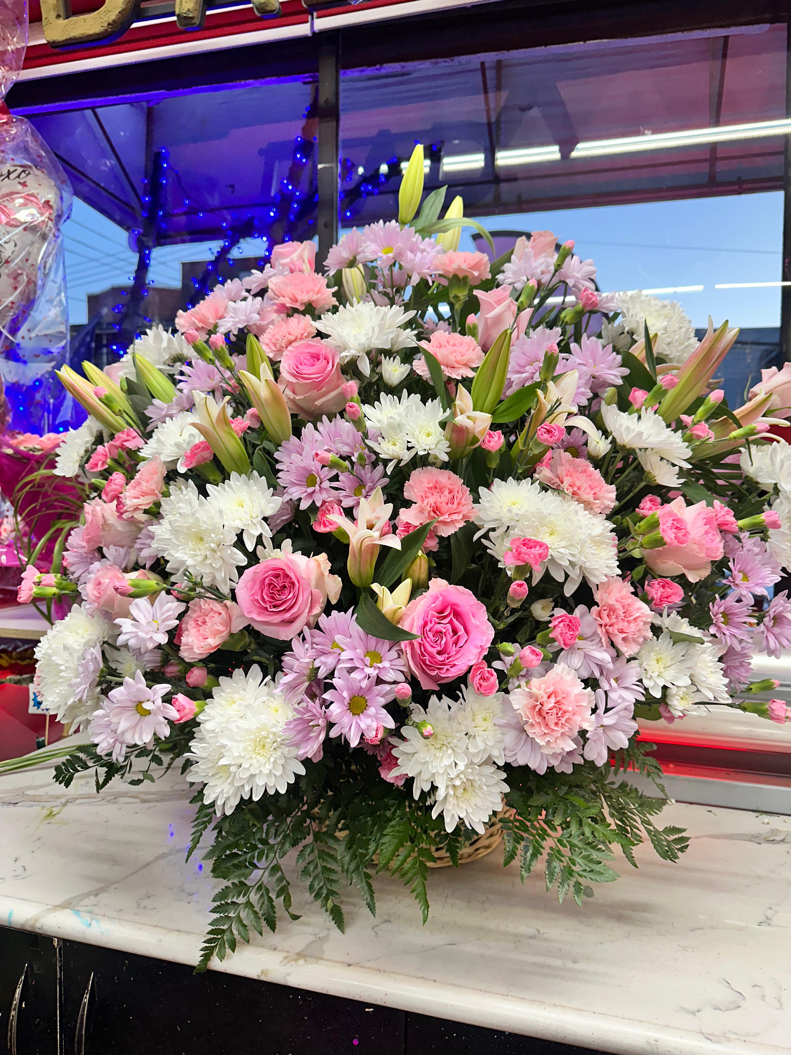 Jumbo Purple Theme w/ Lilies Mix Sympathy Arrangement - .