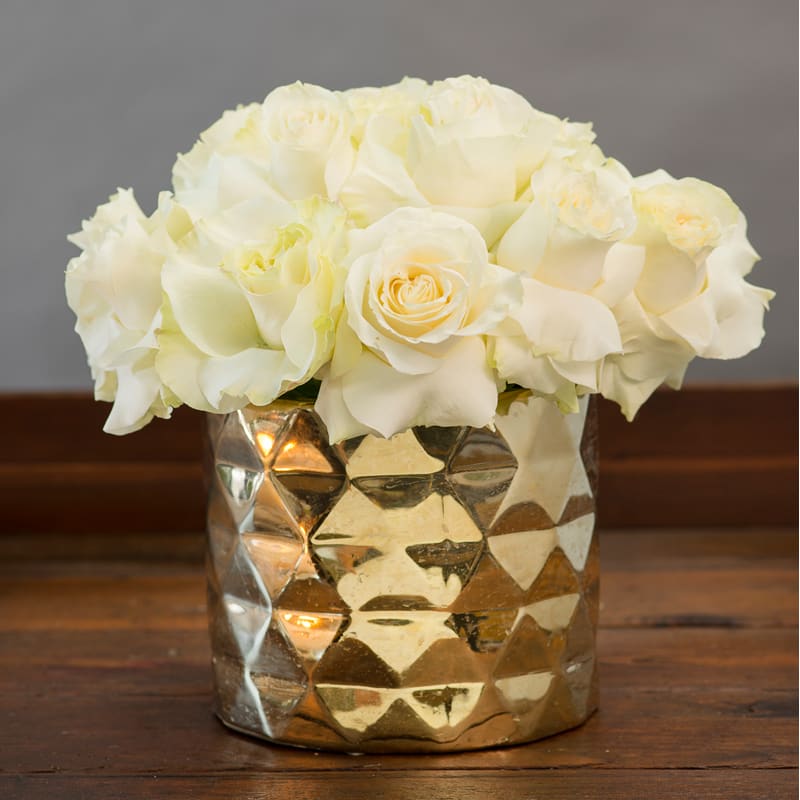 GOLDEN BEAUTY - WHITE  ECUADORIAN ROSES IN A GOLD CERAMIC CYLINDER